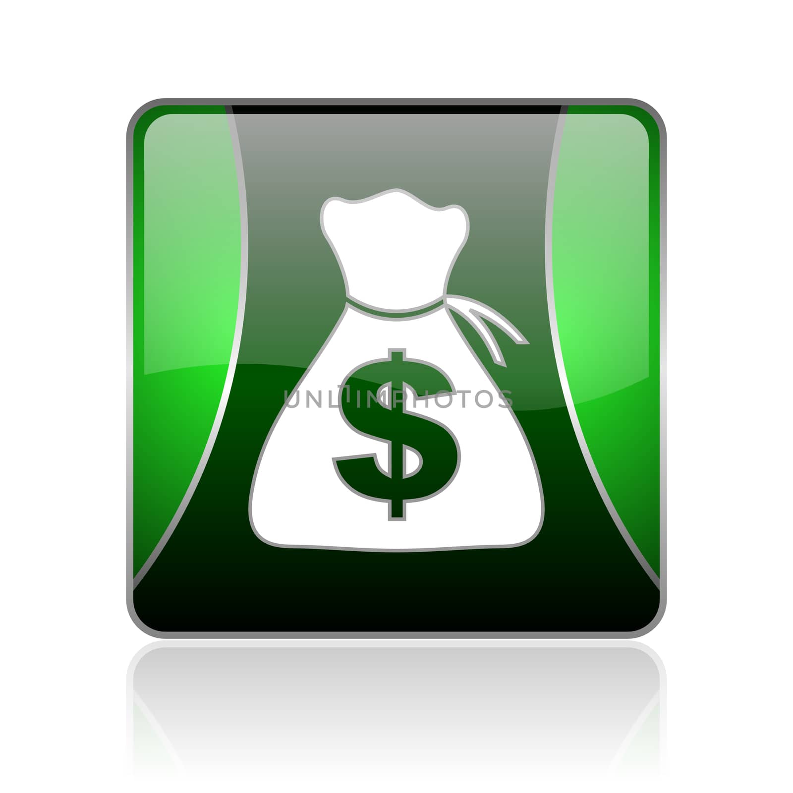black and green square glossy internet icon on white background with reflaction