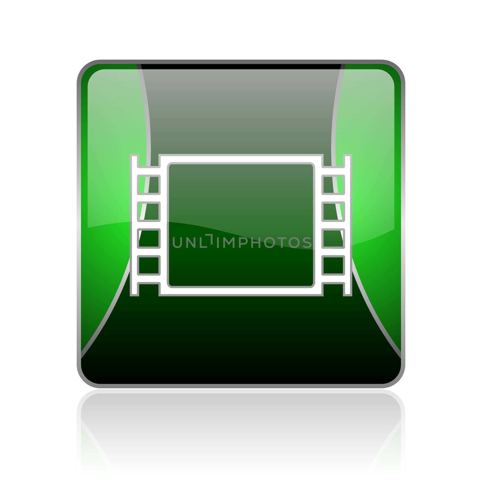 black and green square glossy internet icon on white background with reflaction
