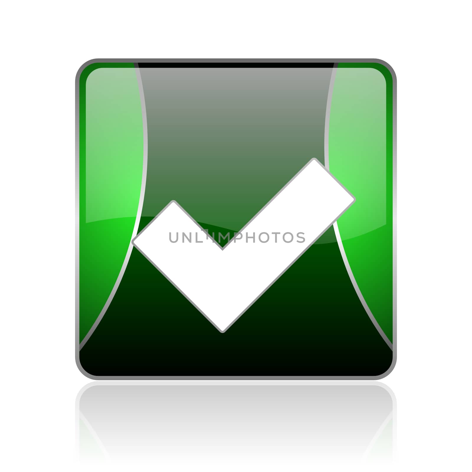 black and green square glossy internet icon on white background with reflaction