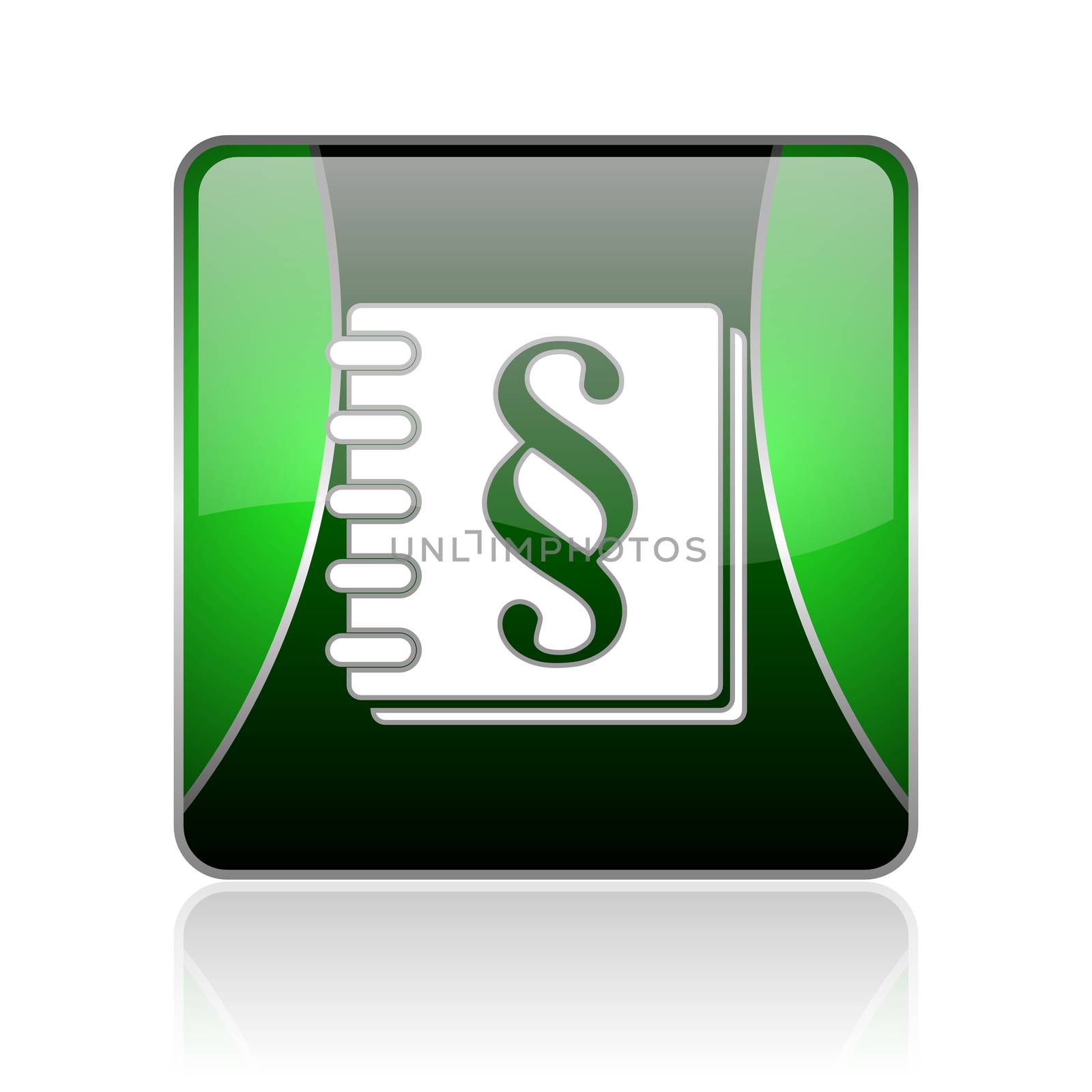 black and green square glossy internet icon on white background with reflaction