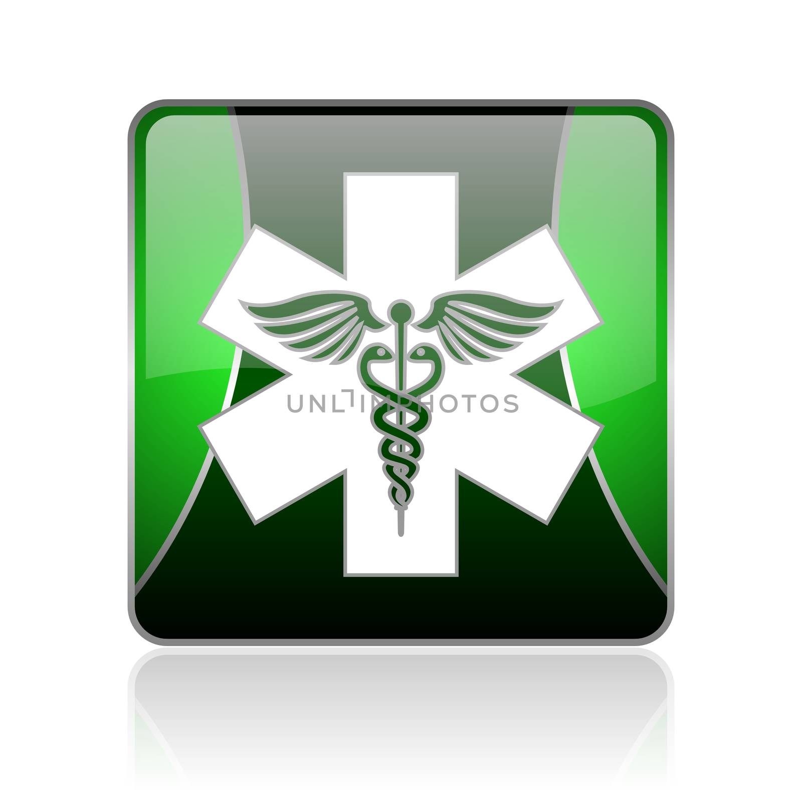 black and green square glossy internet icon on white background with reflaction