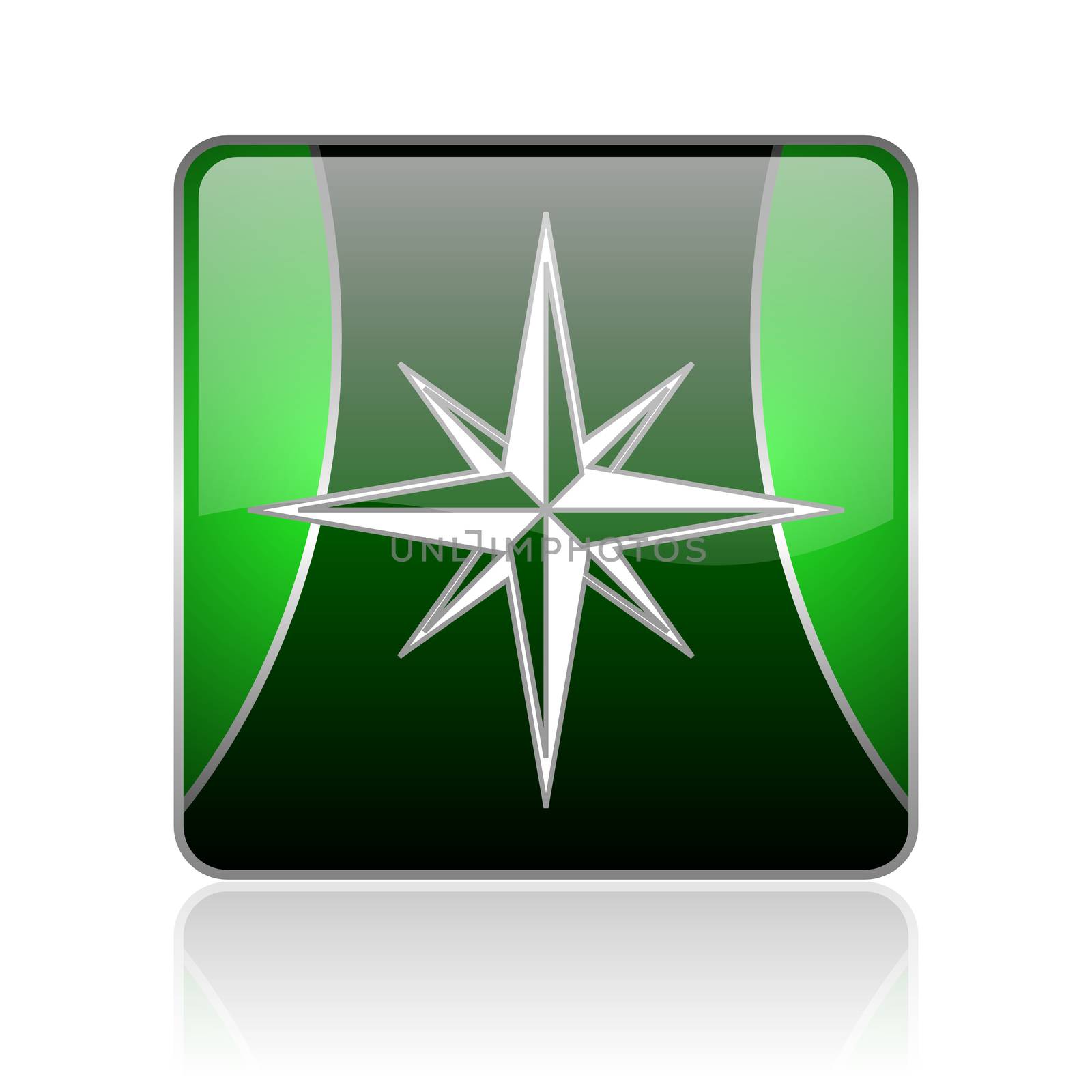 black and green square glossy internet icon on white background with reflaction
