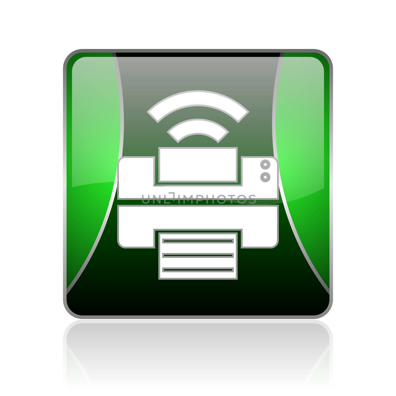 black and green square glossy internet icon on white background with reflaction
