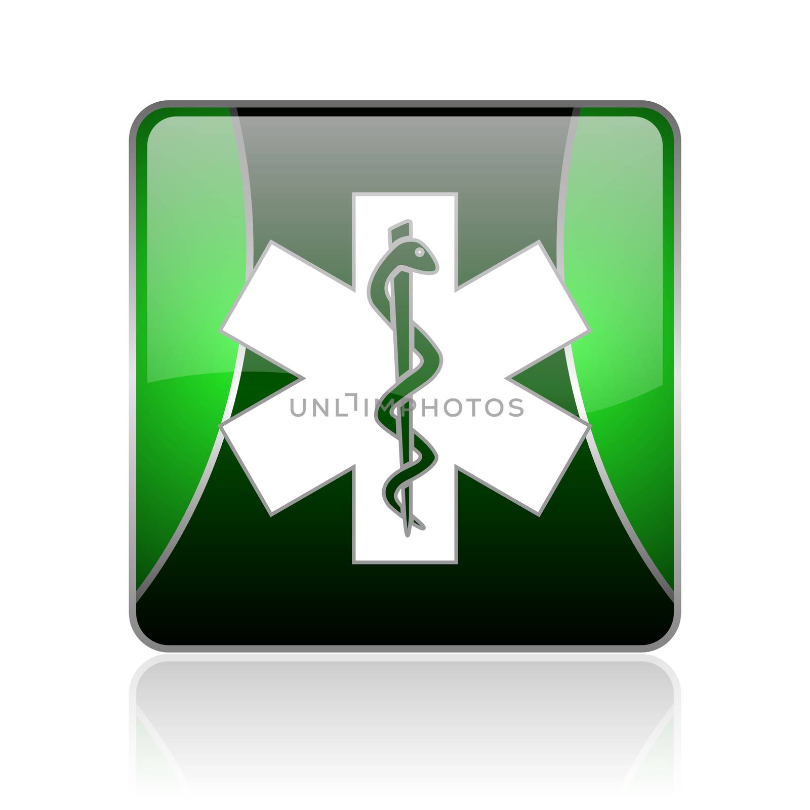 black and green square glossy internet icon on white background with reflaction