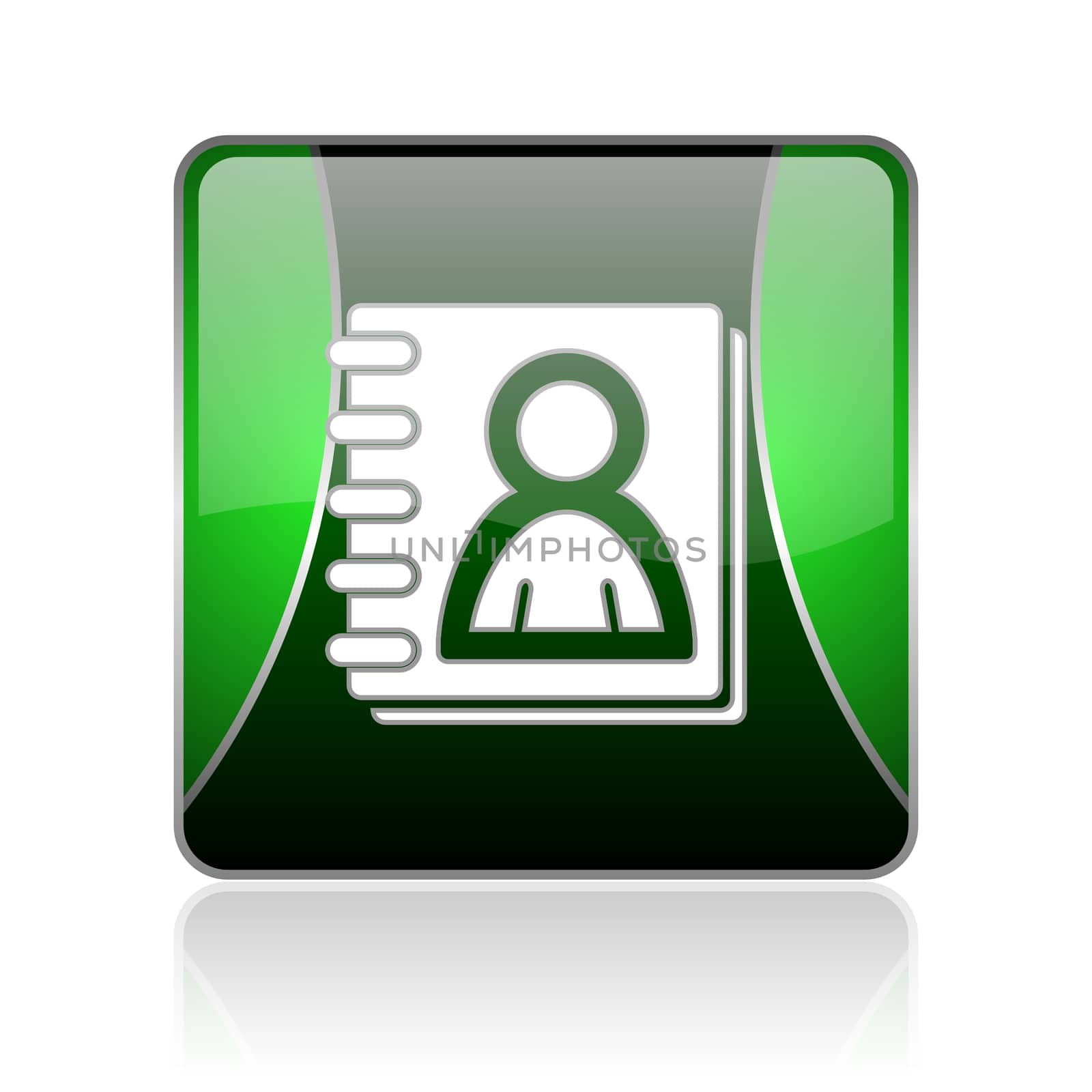 black and green square glossy internet icon on white background with reflaction