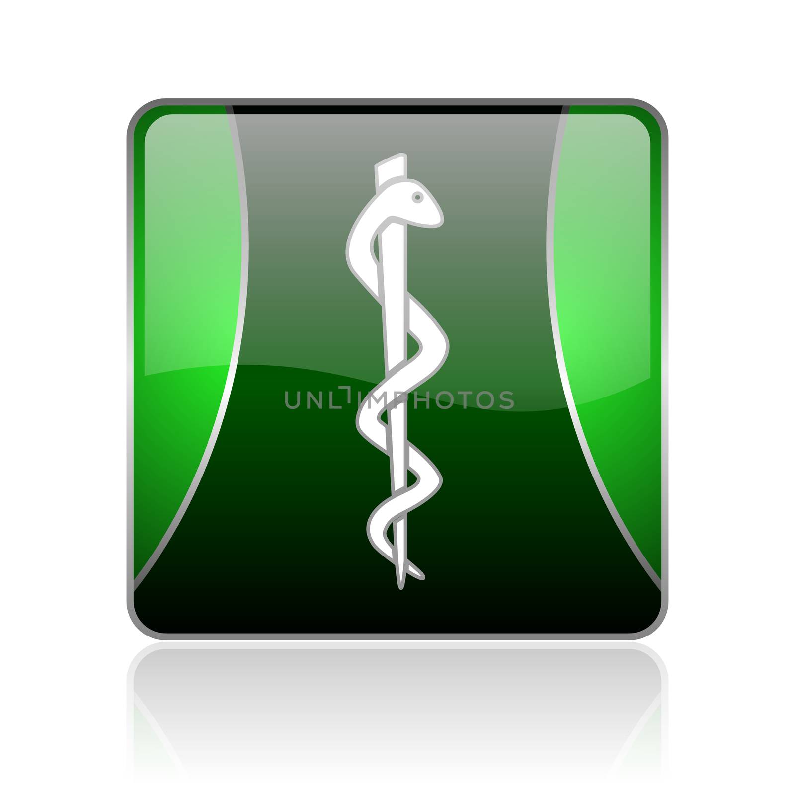 black and green square glossy internet icon on white background with reflaction