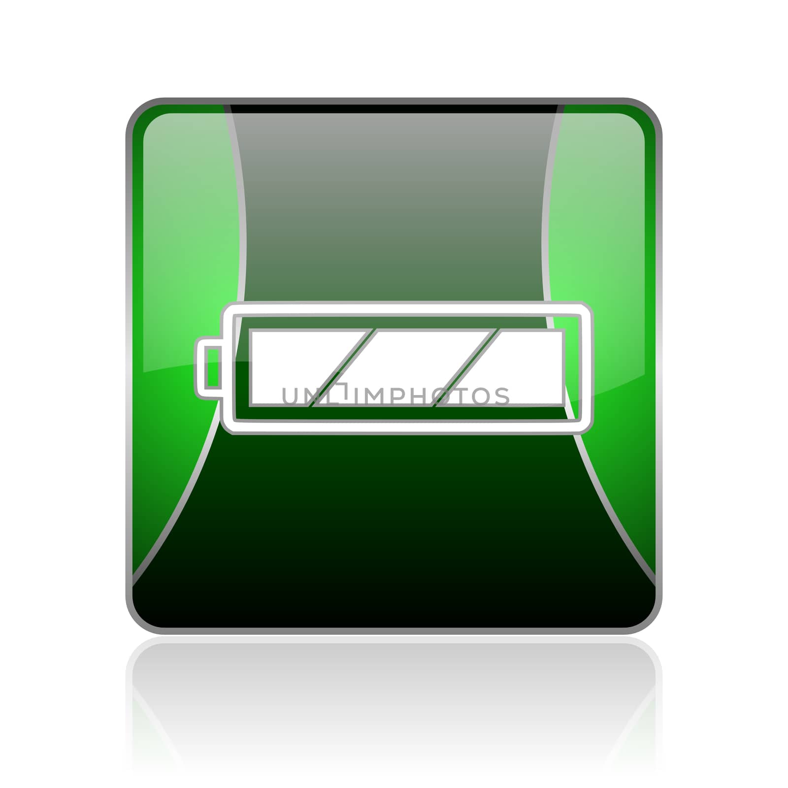 black and green square glossy internet icon on white background with reflaction