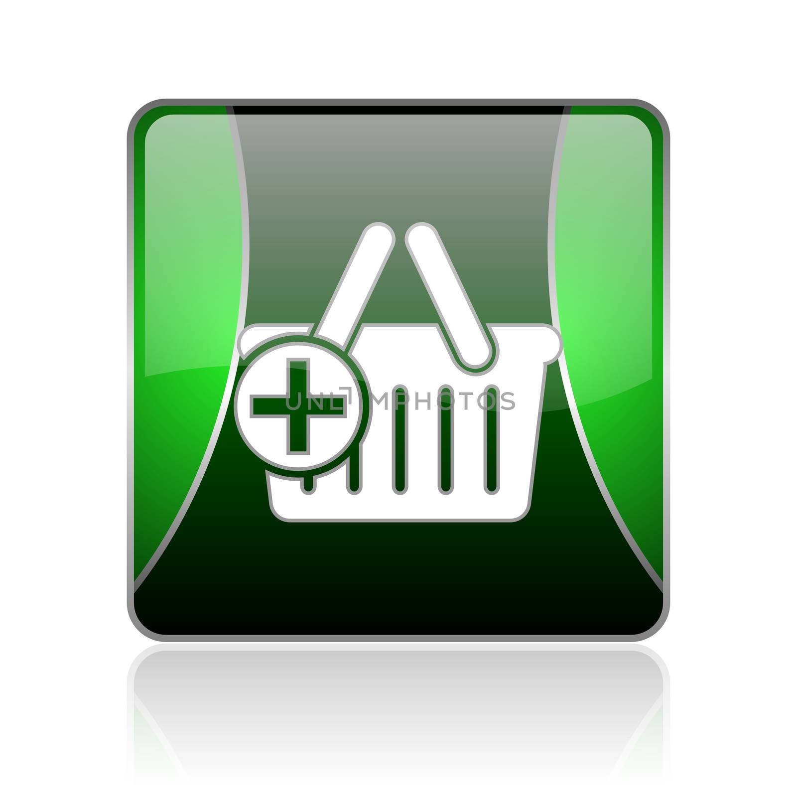 black and green square glossy internet icon on white background with reflaction