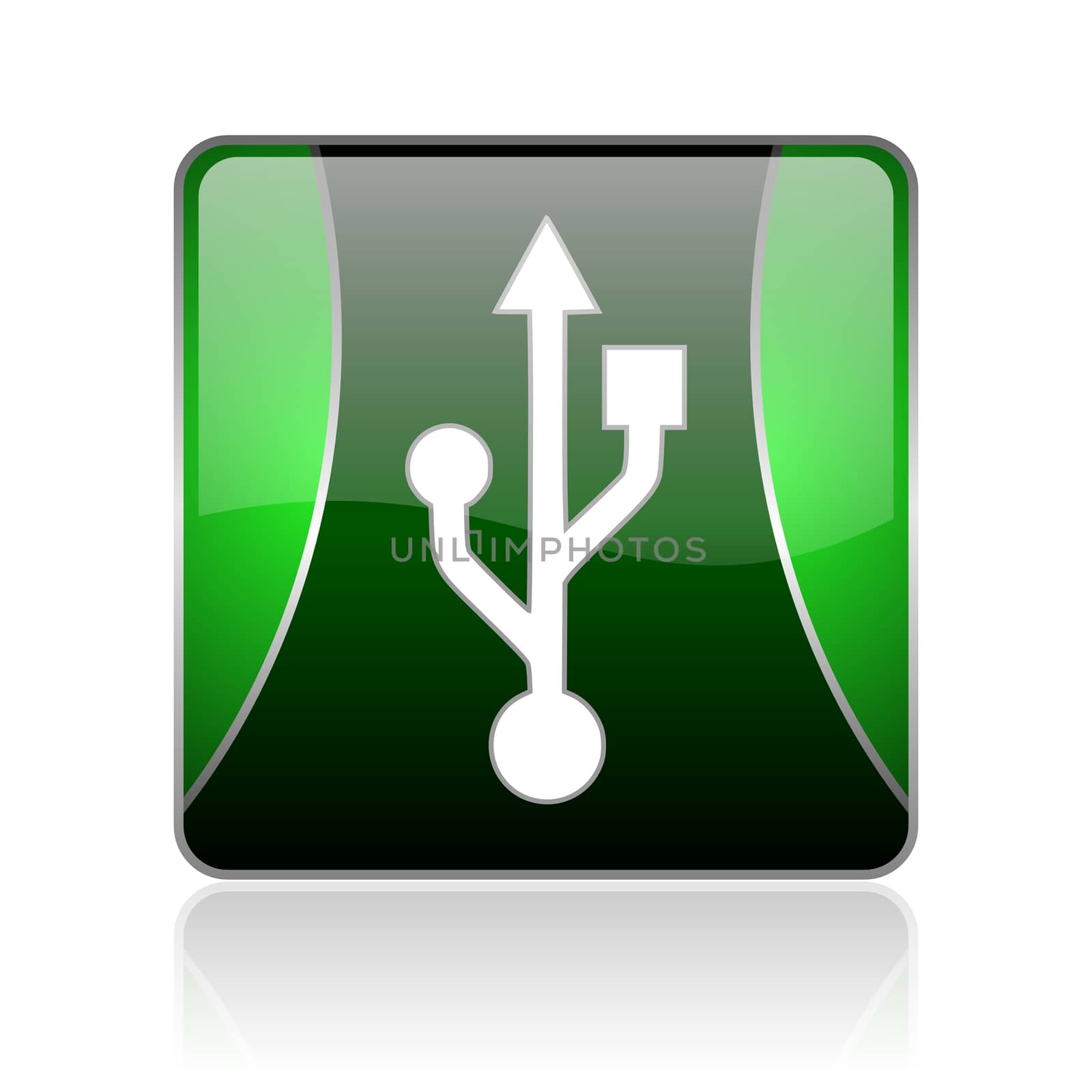 black and green square glossy internet icon on white background with reflaction