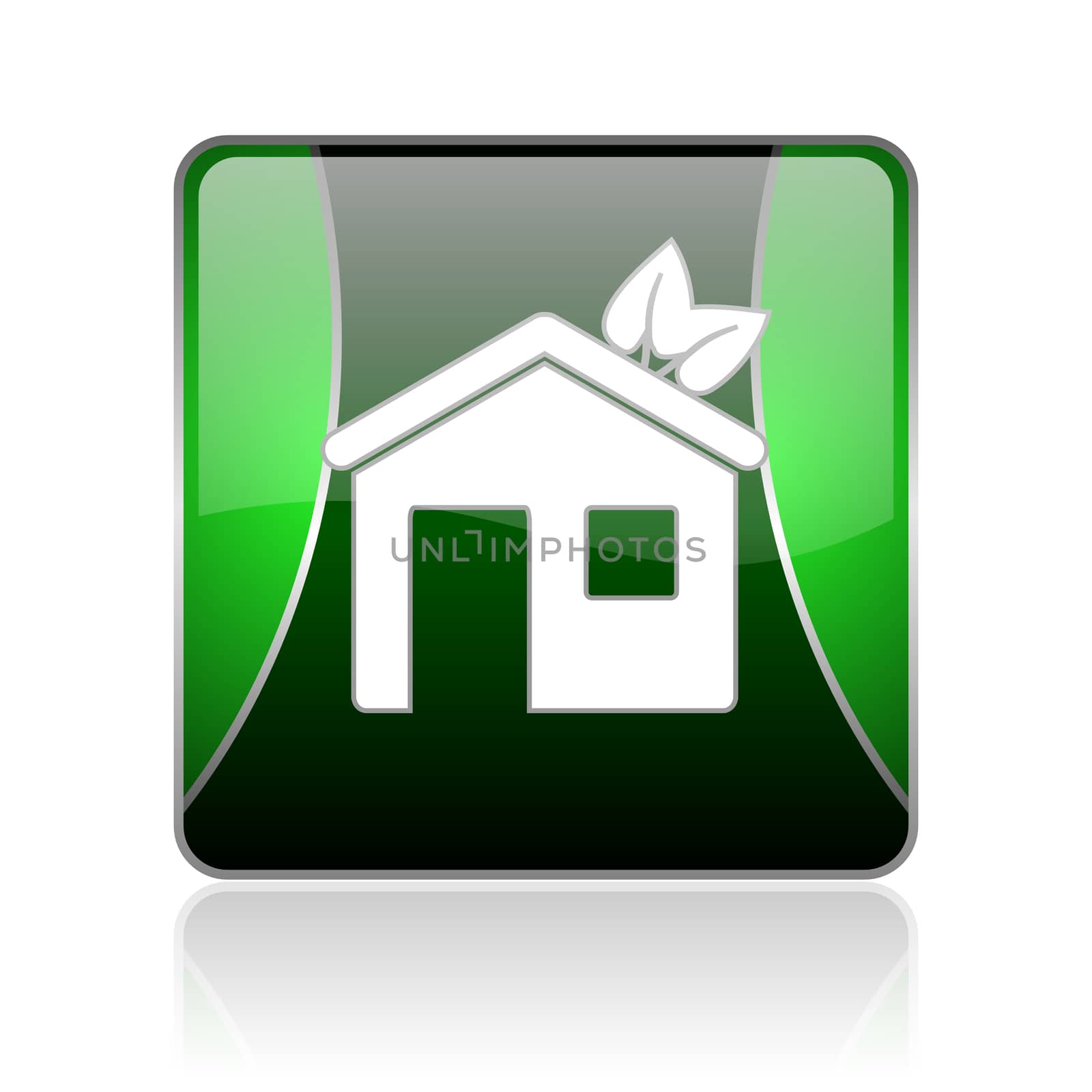 black and green square glossy internet icon on white background with reflaction