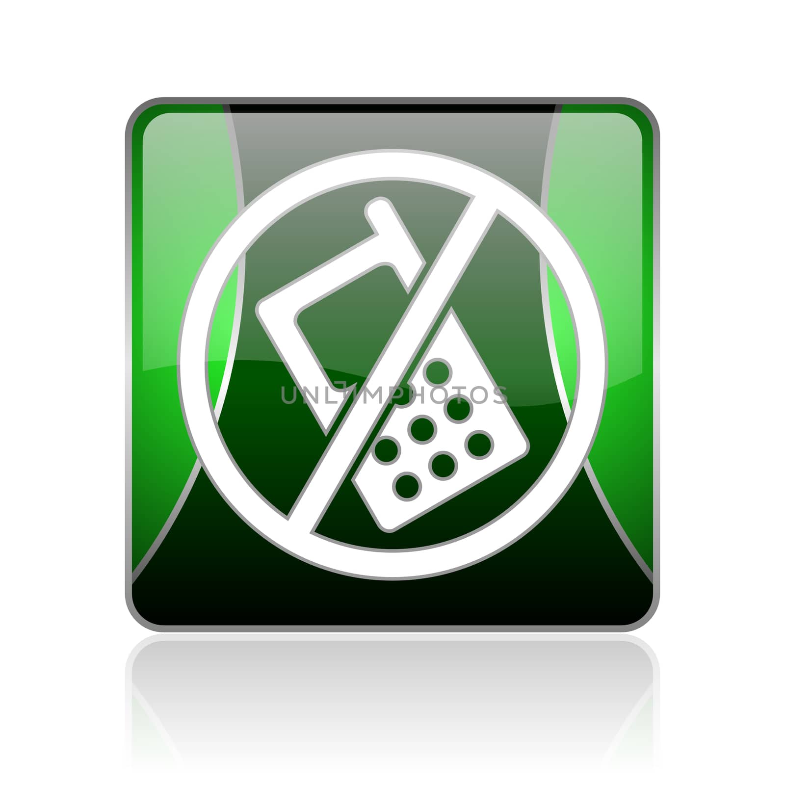 black and green square glossy internet icon on white background with reflaction