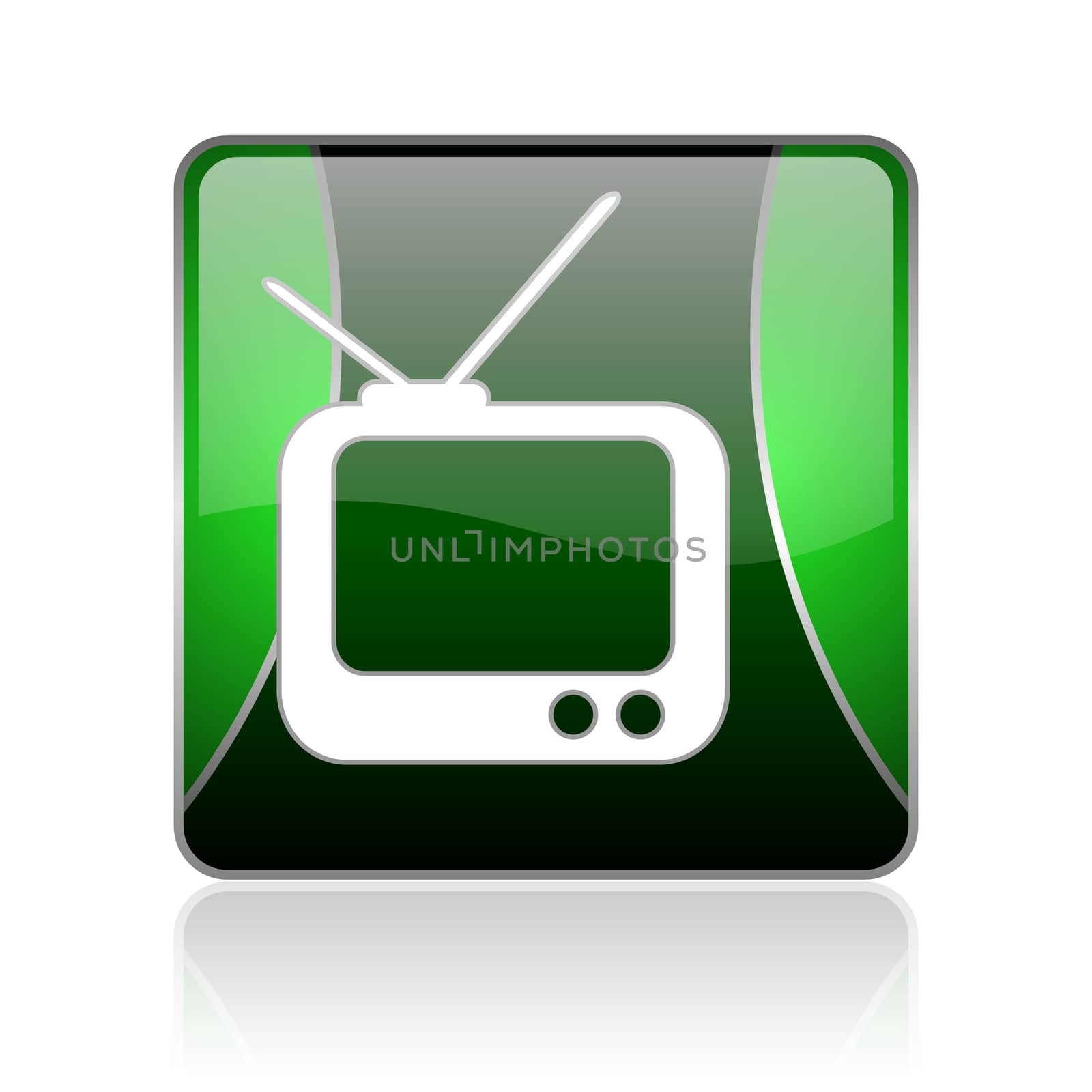 black and green square glossy internet icon on white background with reflaction