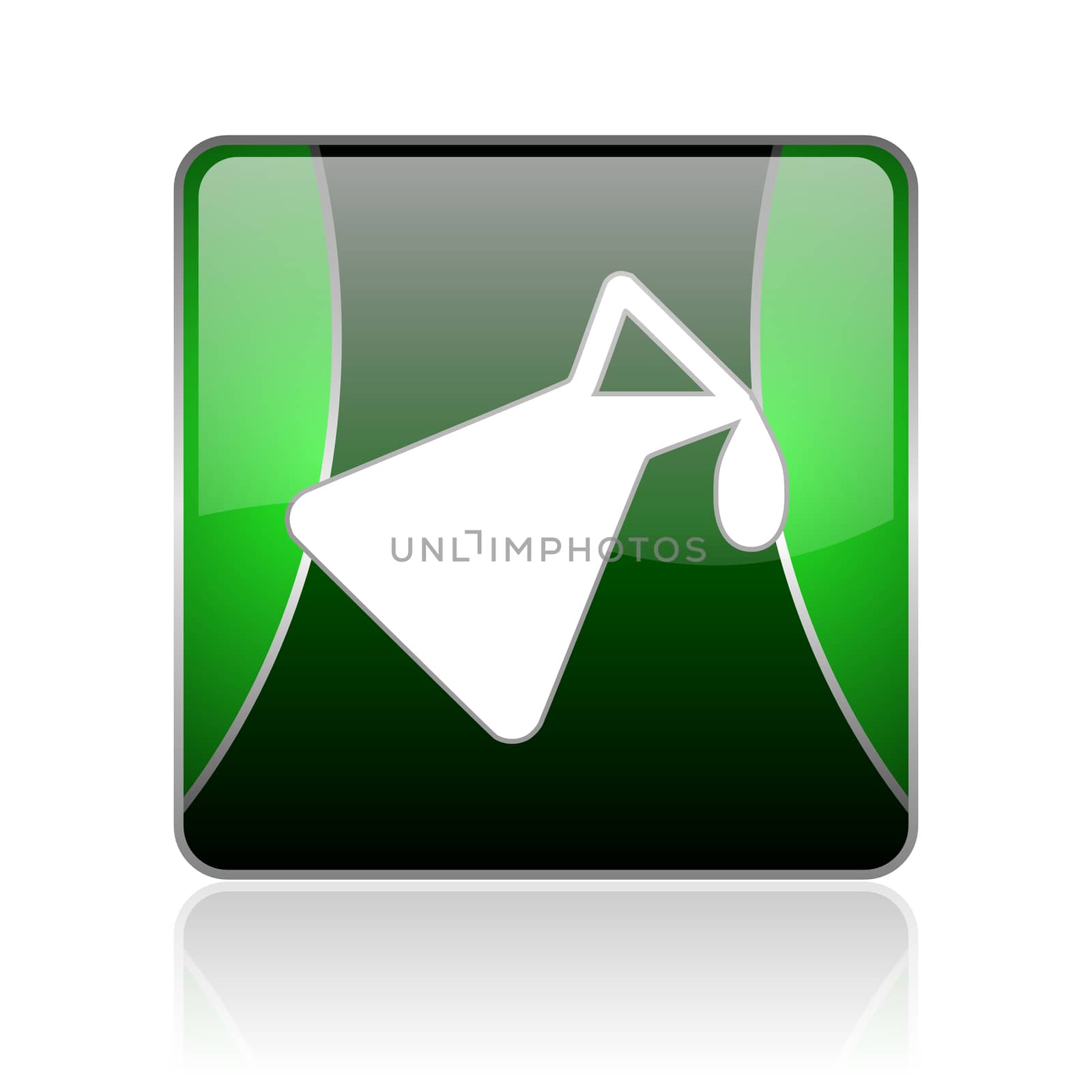 black and green square glossy internet icon on white background with reflaction