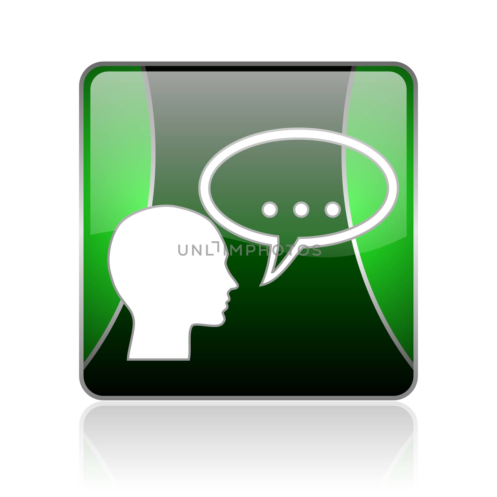 black and green square glossy internet icon on white background with reflaction
