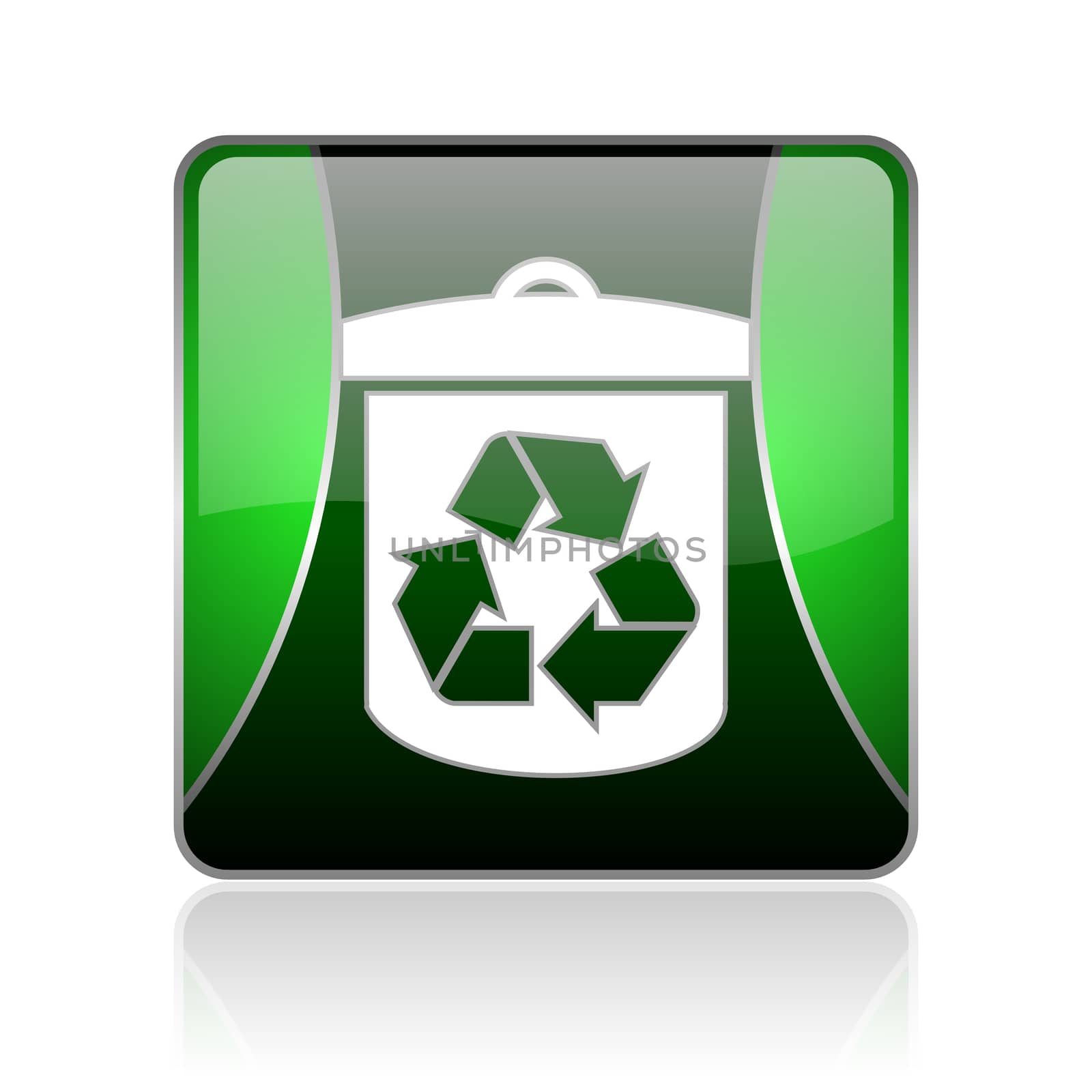 black and green square glossy internet icon on white background with reflaction