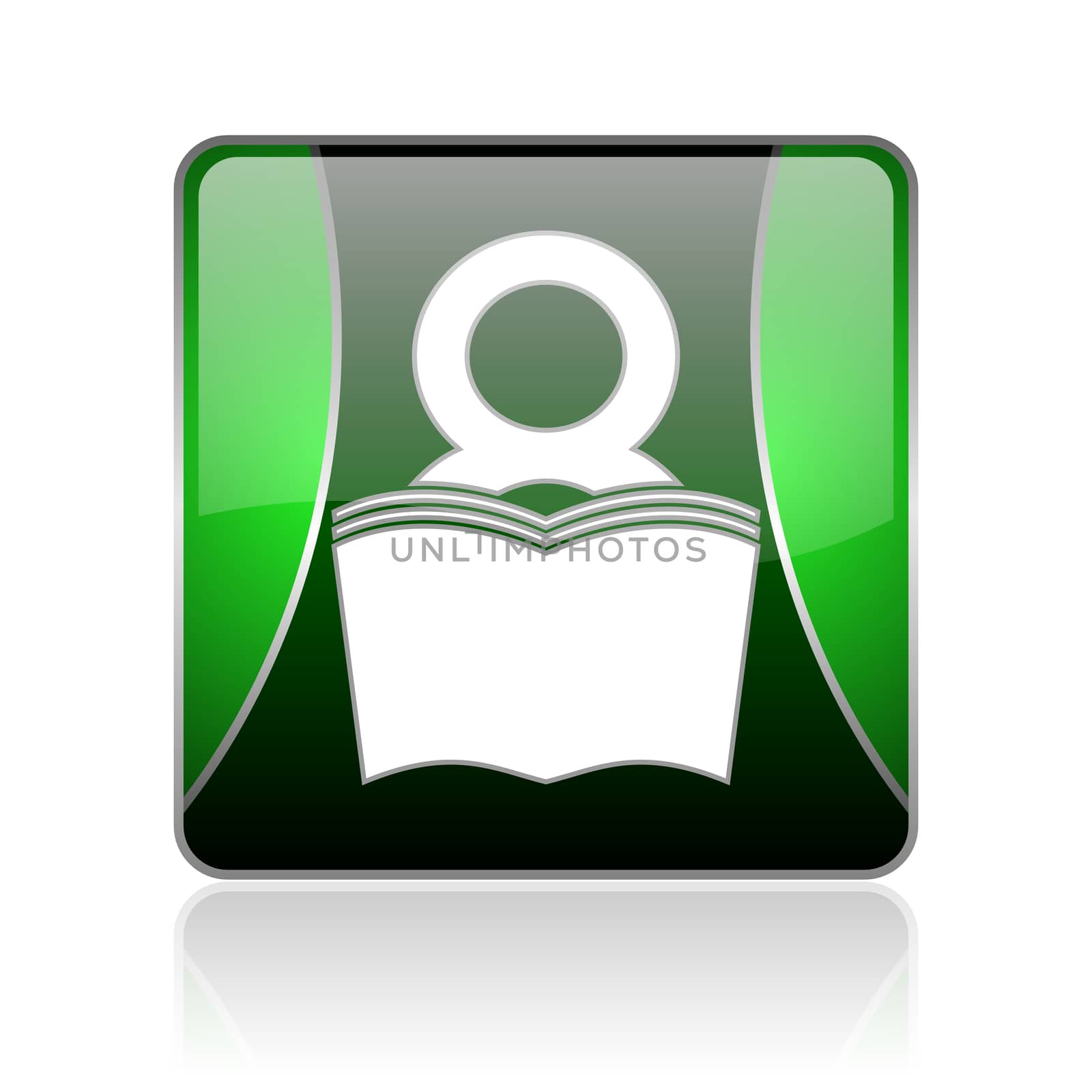 black and green square glossy internet icon on white background with reflaction