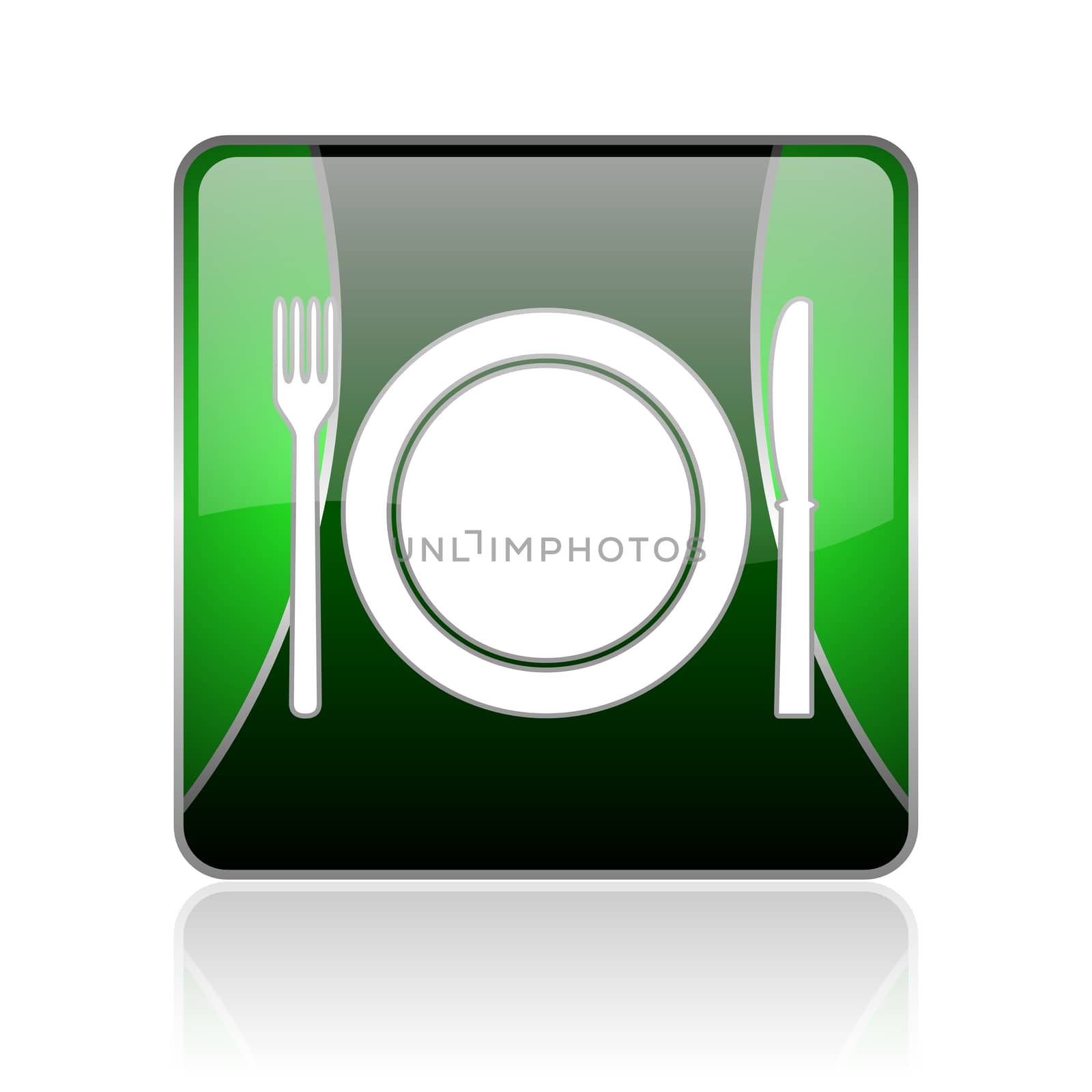 black and green square glossy internet icon on white background with reflaction
