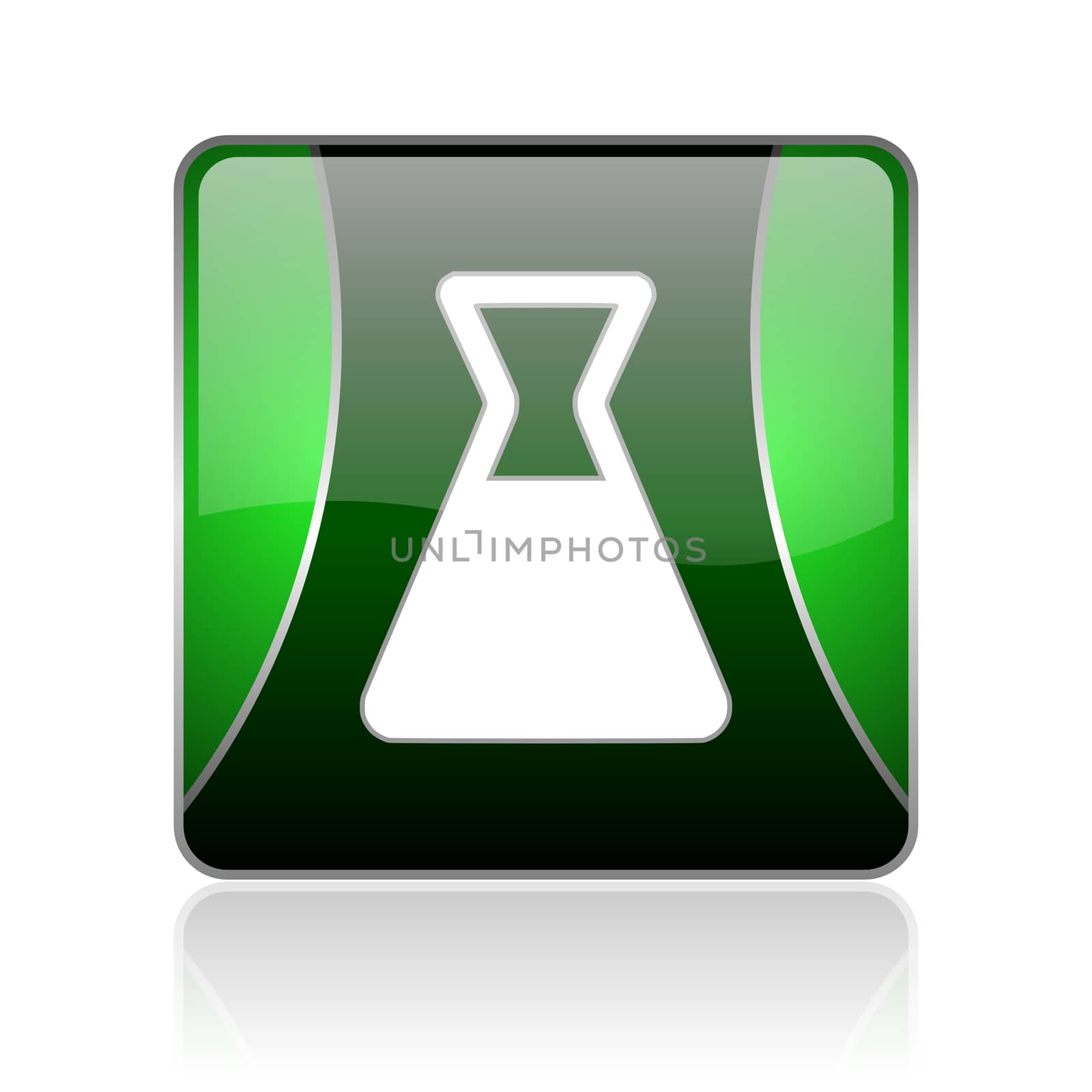 black and green square glossy internet icon on white background with reflaction