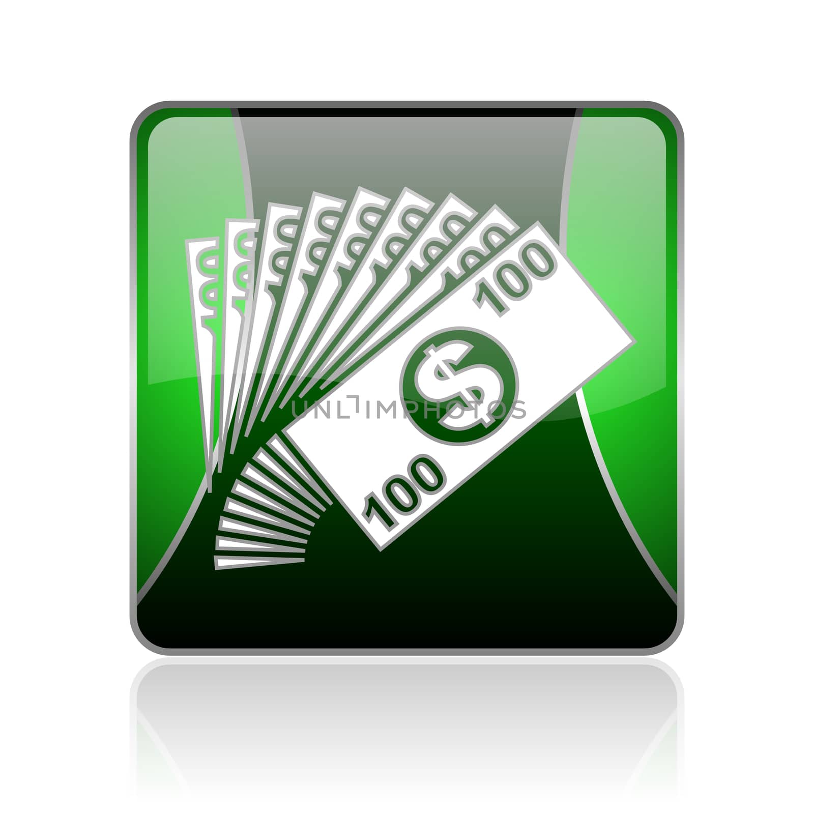 black and green square glossy internet icon on white background with reflaction