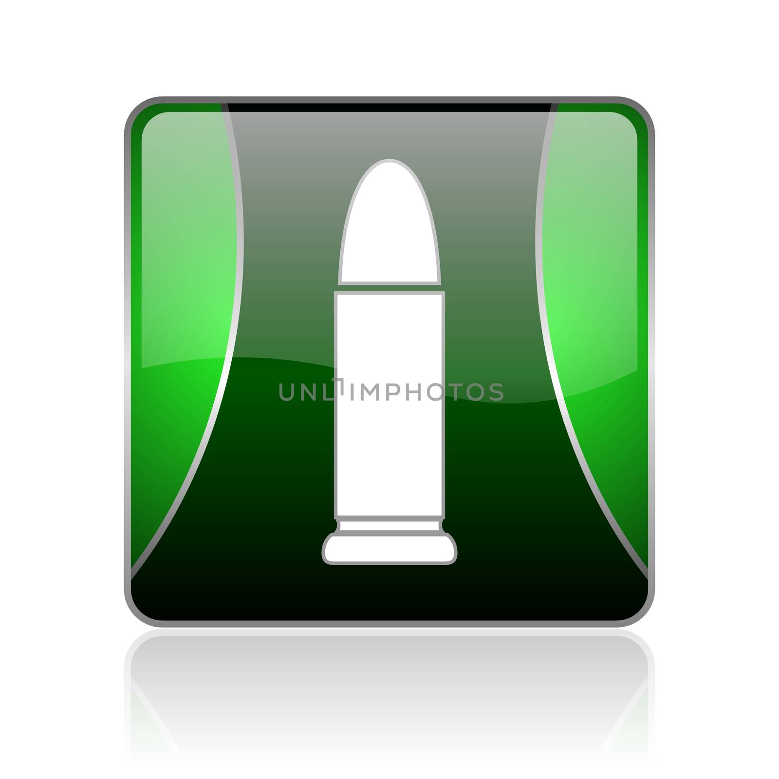 black and green square glossy internet icon on white background with reflaction