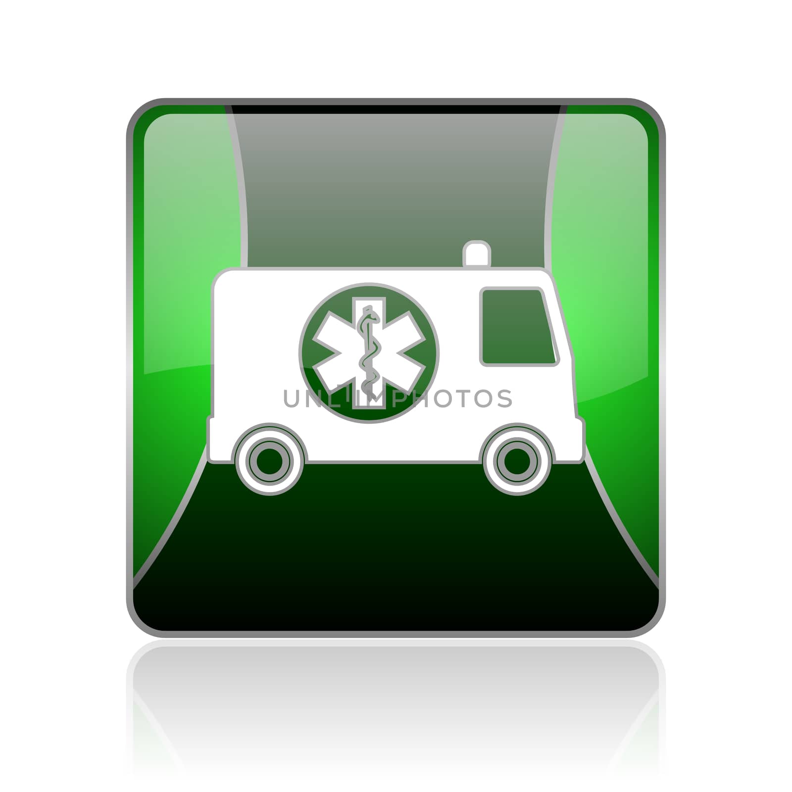 black and green square glossy internet icon on white background with reflaction