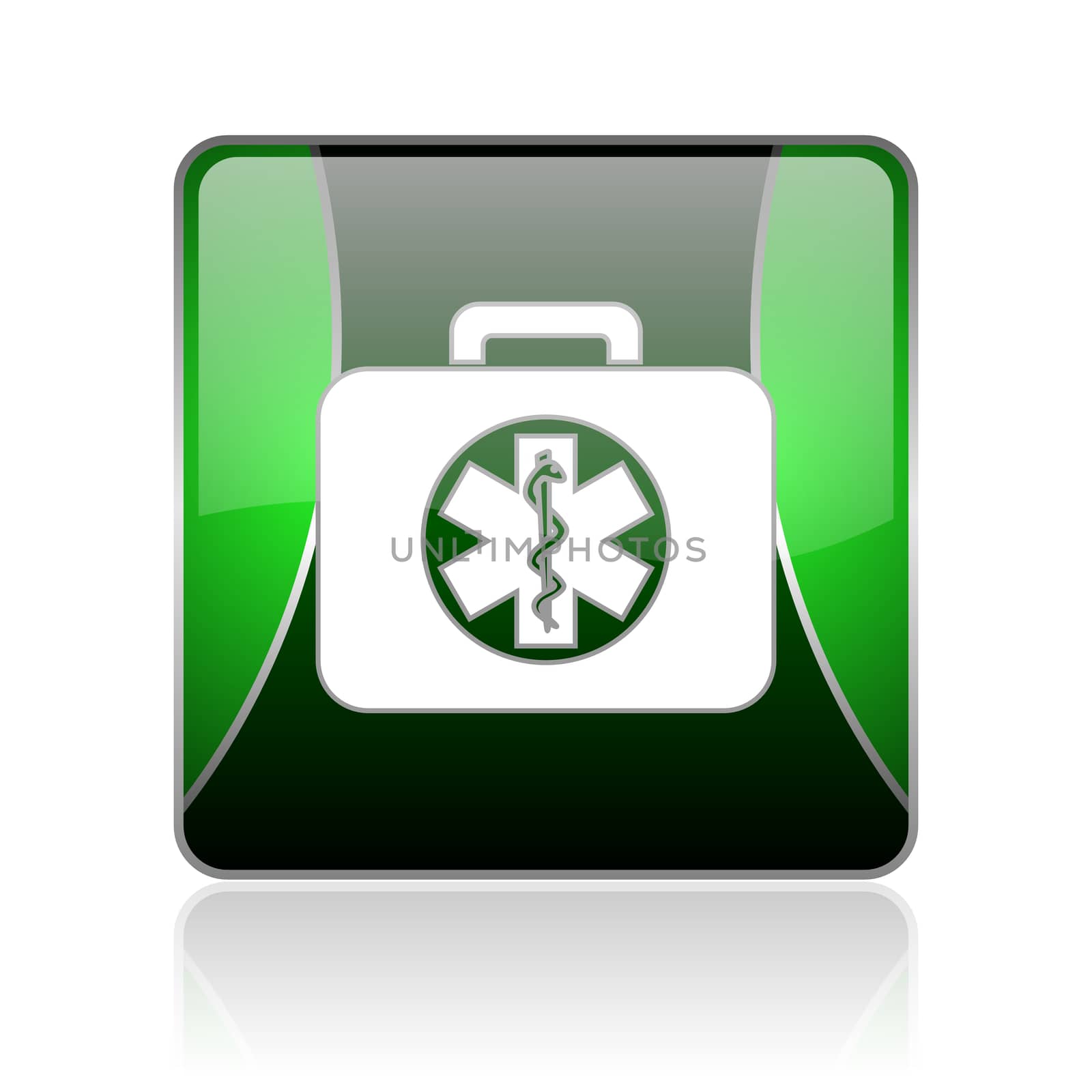 black and green square glossy internet icon on white background with reflaction