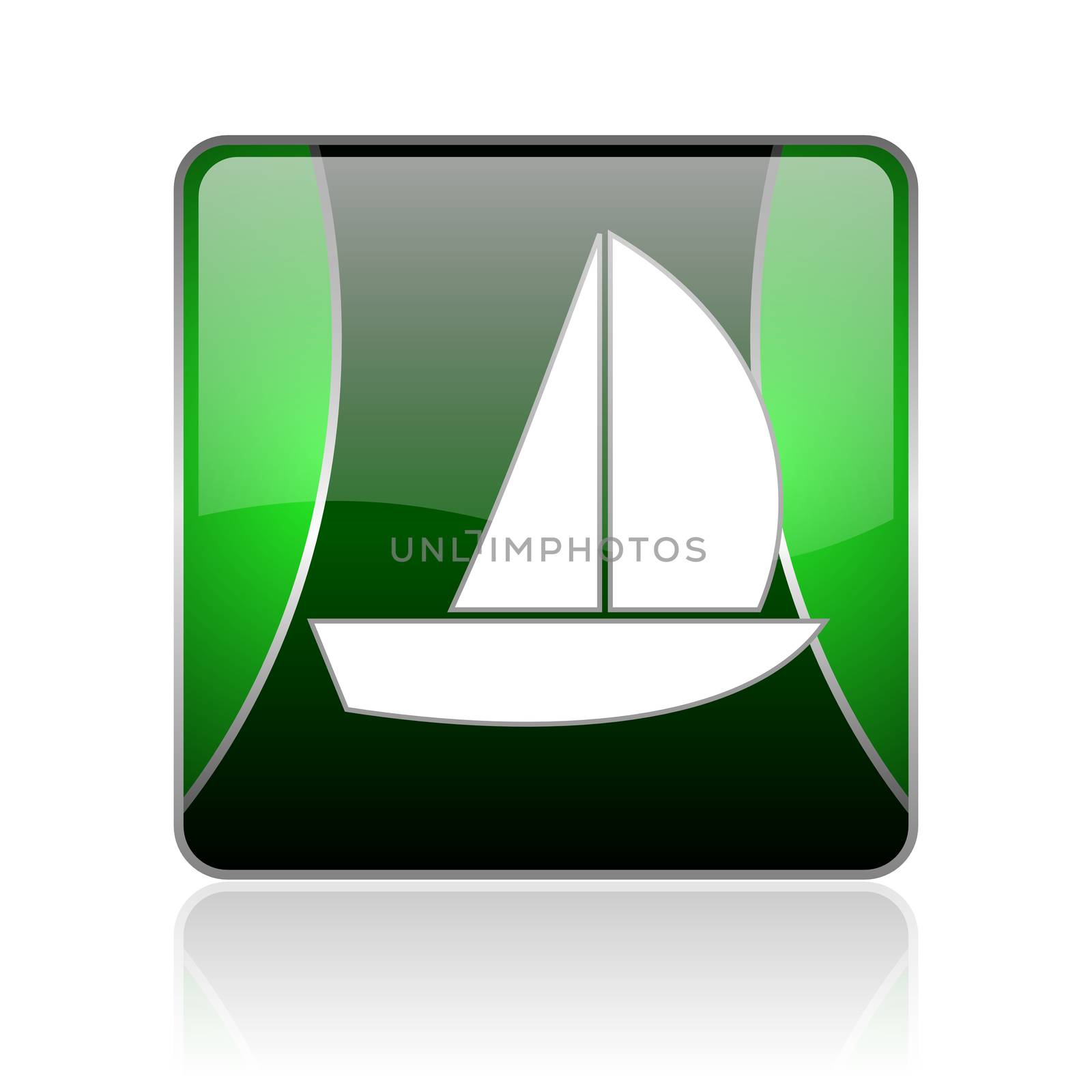 black and green square glossy internet icon on white background with reflaction