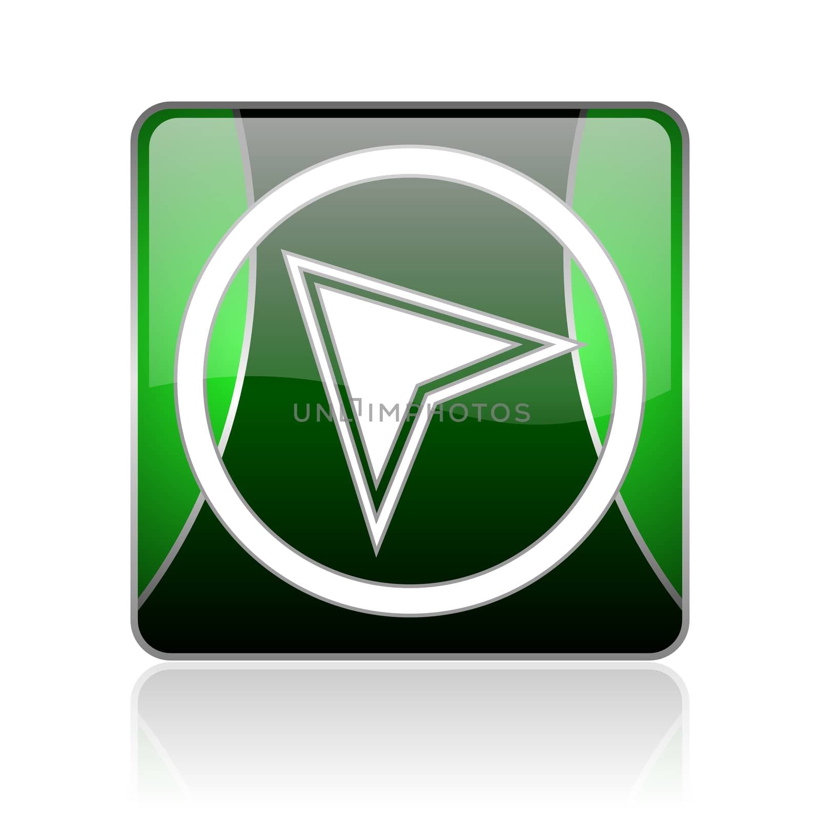 black and green square glossy internet icon on white background with reflaction