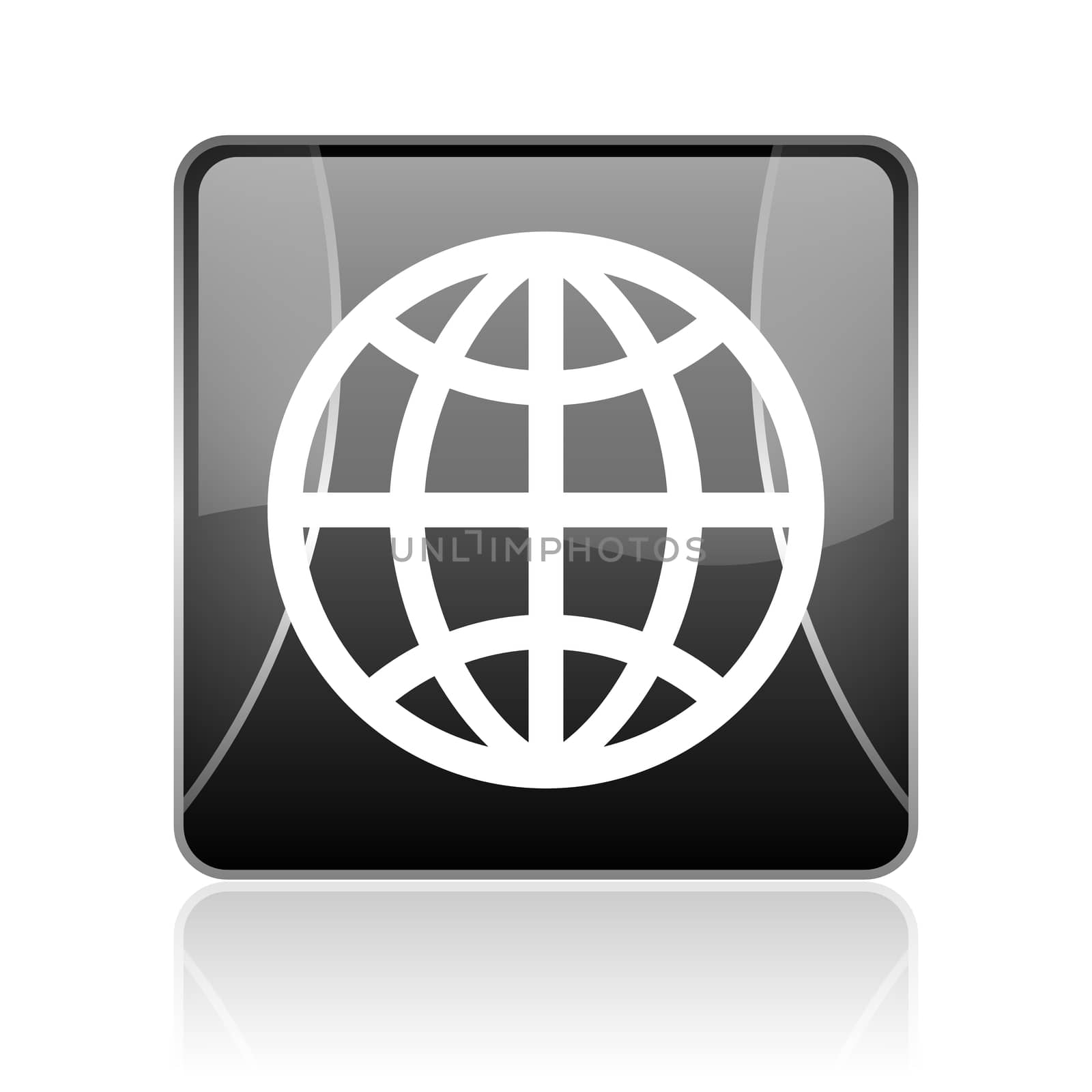 black modern square web glossy icon on white background with reflaction