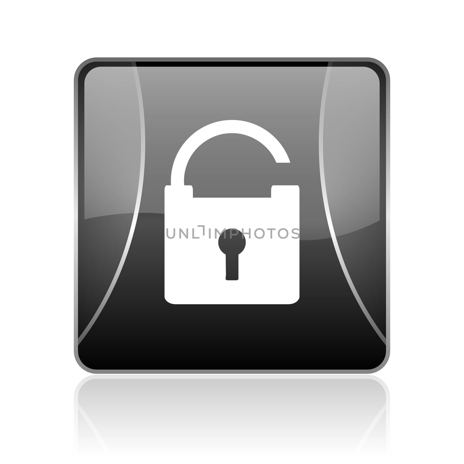 black modern square web glossy icon on white background with reflaction