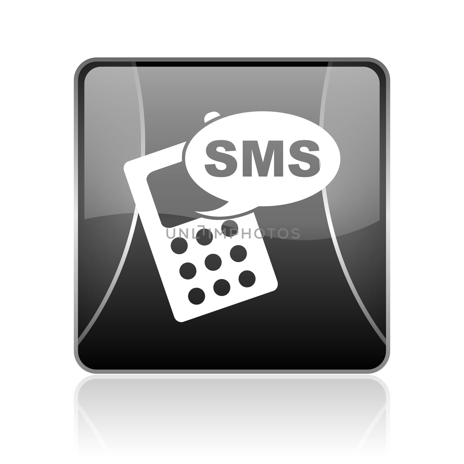 black modern square web glossy icon on white background with reflaction