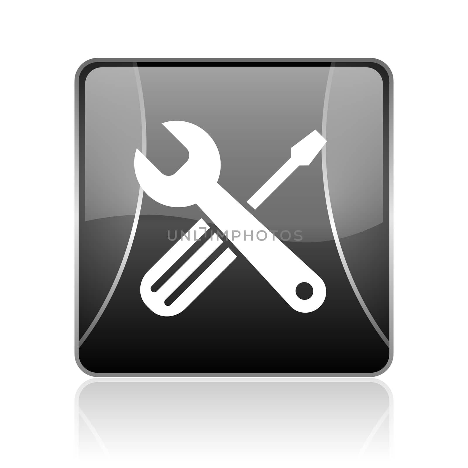 black modern square web glossy icon on white background with reflaction