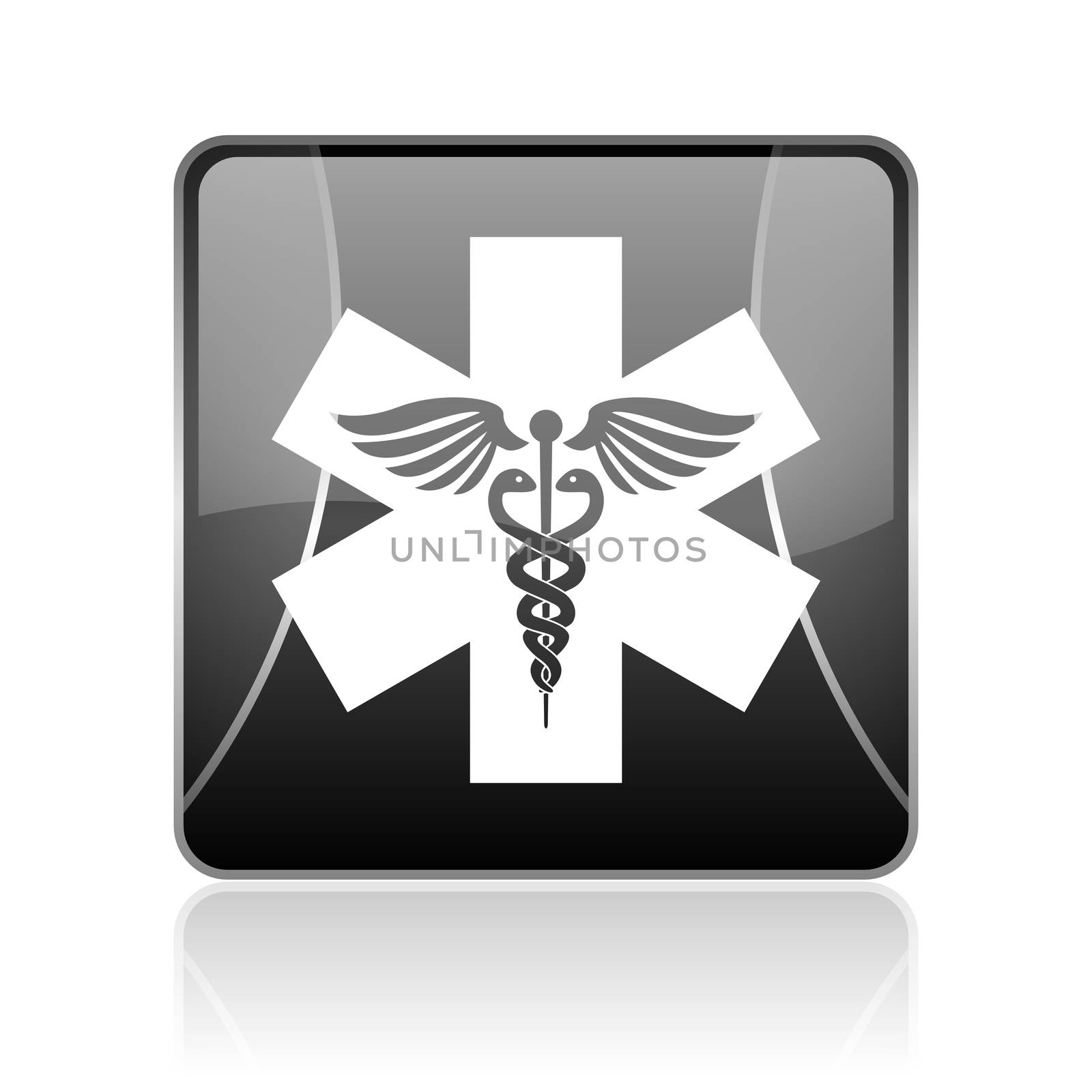 black modern square web glossy icon on white background with reflaction