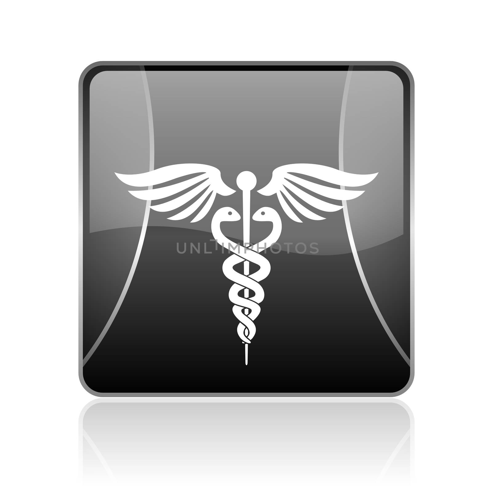 black modern square web glossy icon on white background with reflaction