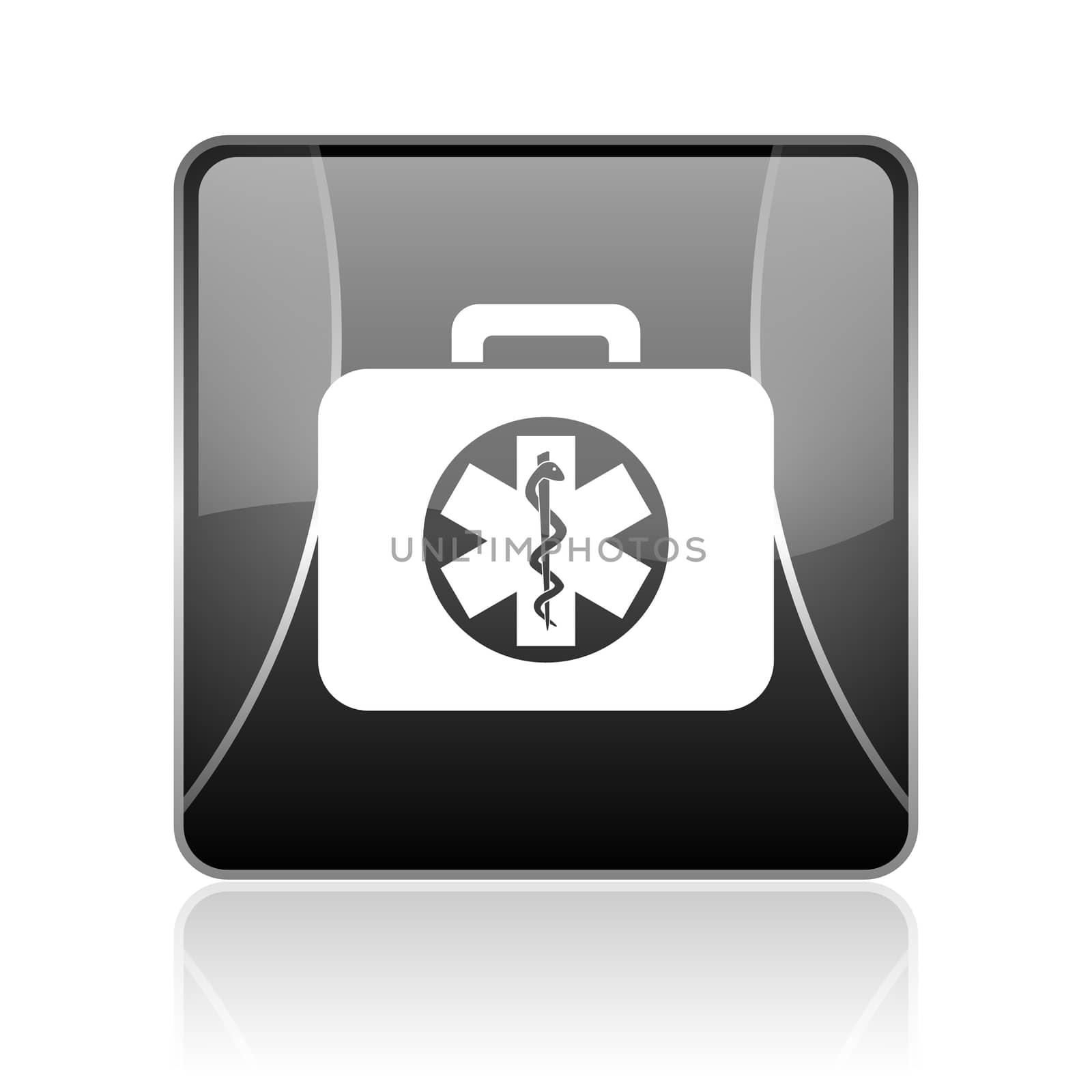 black modern square web glossy icon on white background with reflaction