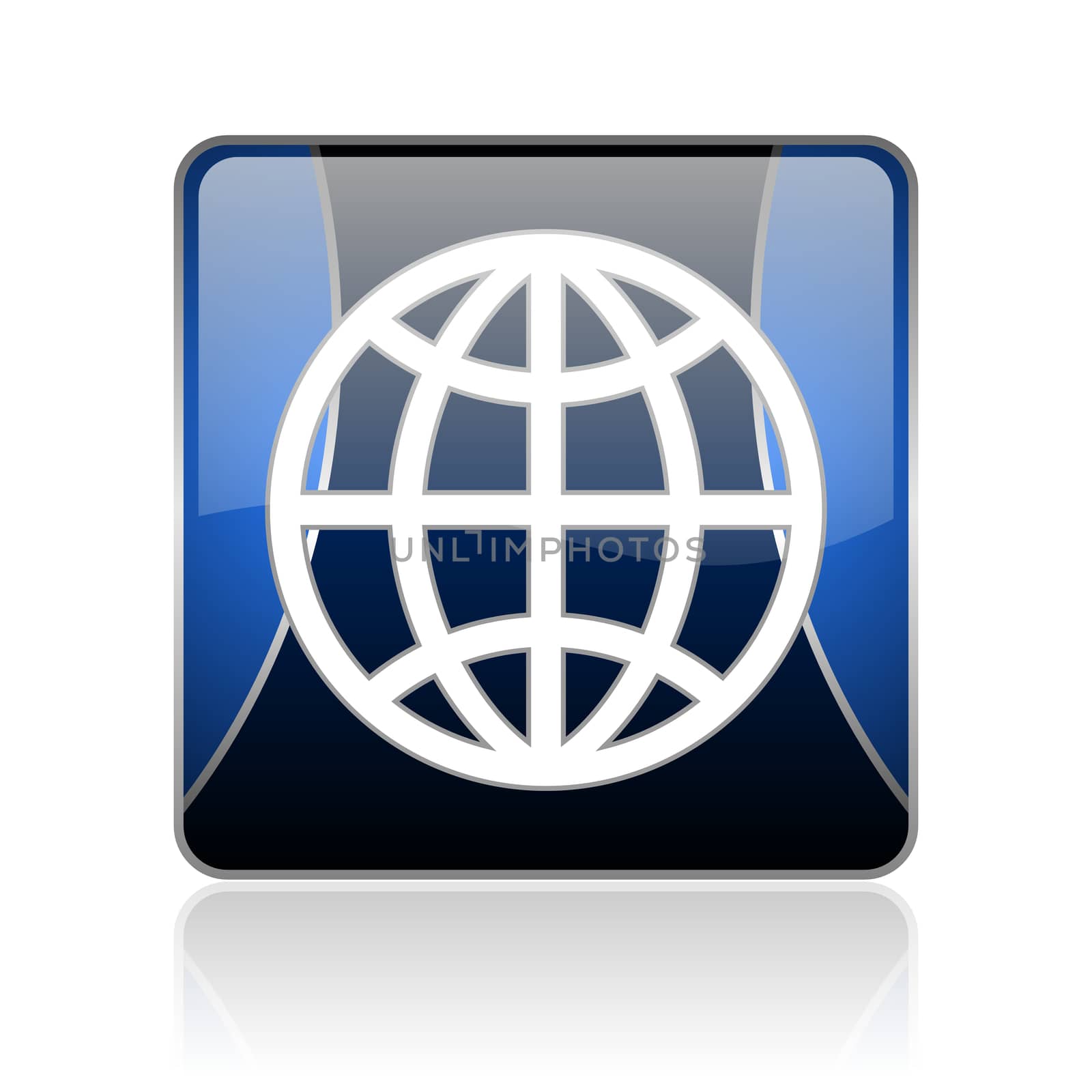 black and blue square glossy internet icon on white background with reflaction