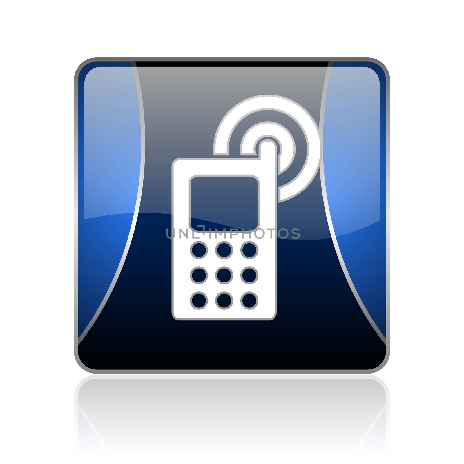 black and blue square glossy internet icon on white background with reflaction