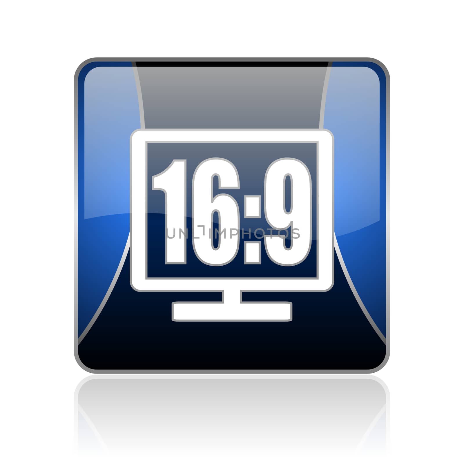 black and blue square glossy internet icon on white background with reflaction