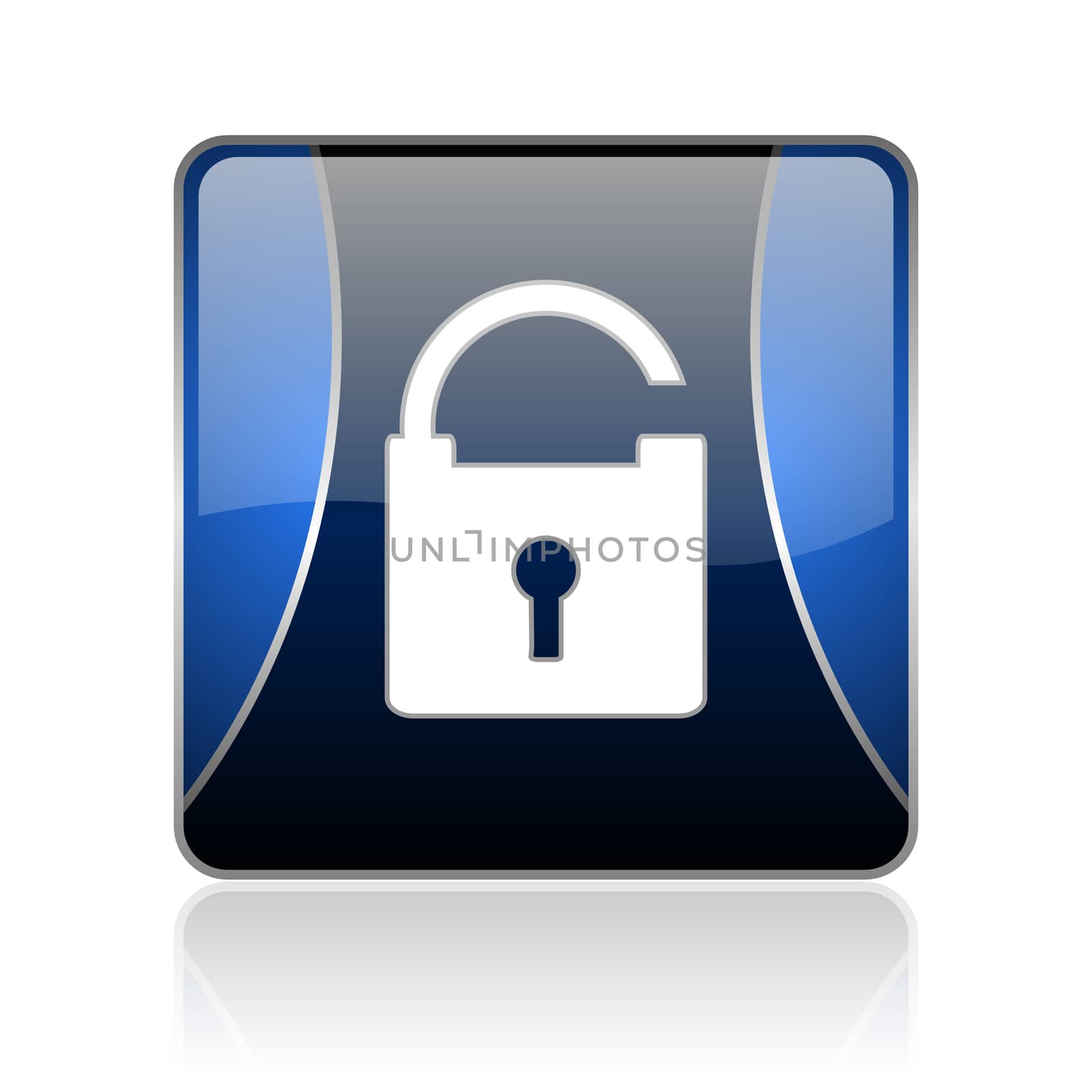 black and blue square glossy internet icon on white background with reflaction