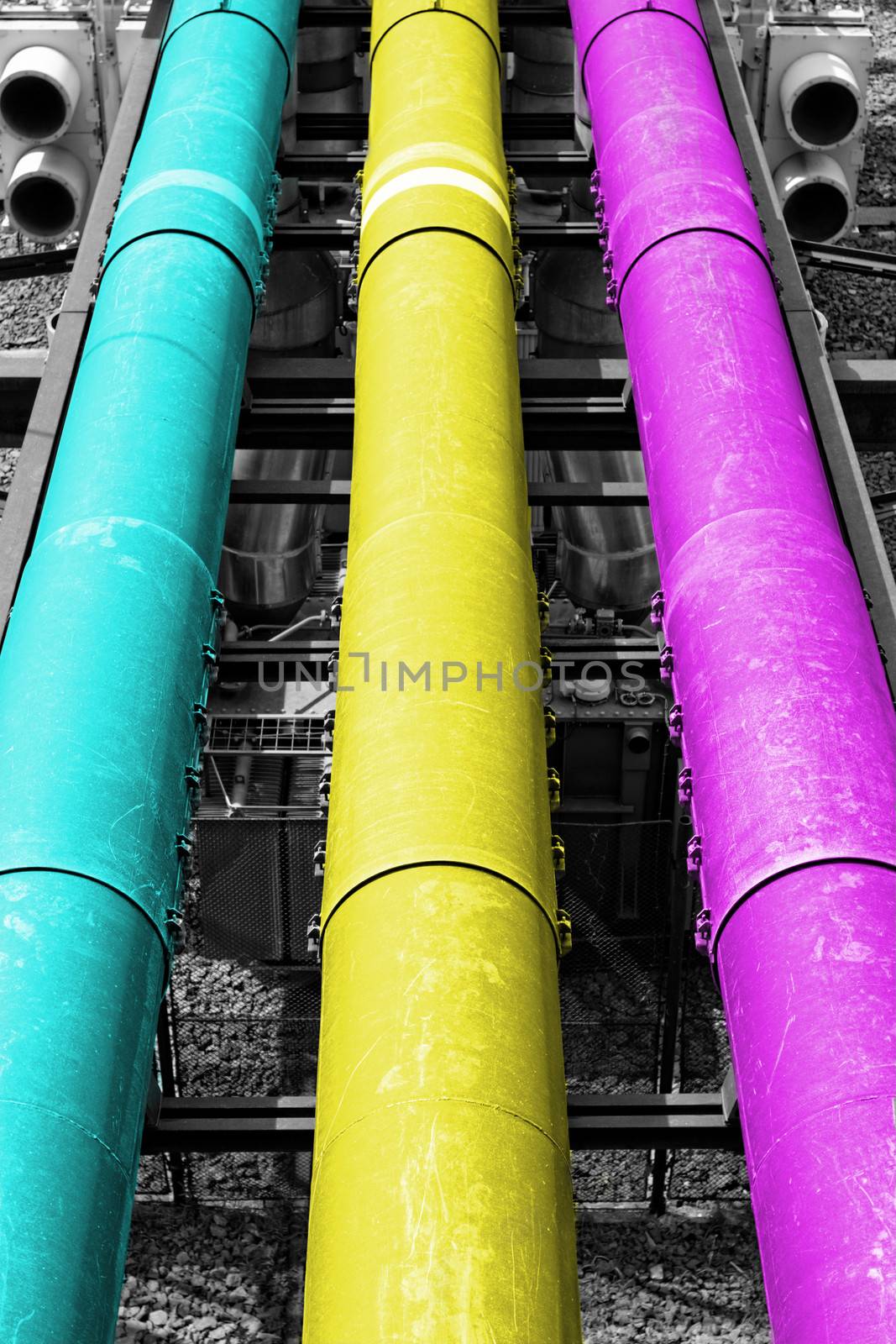 industrial pipes in a electricity power plant (CMY colors)