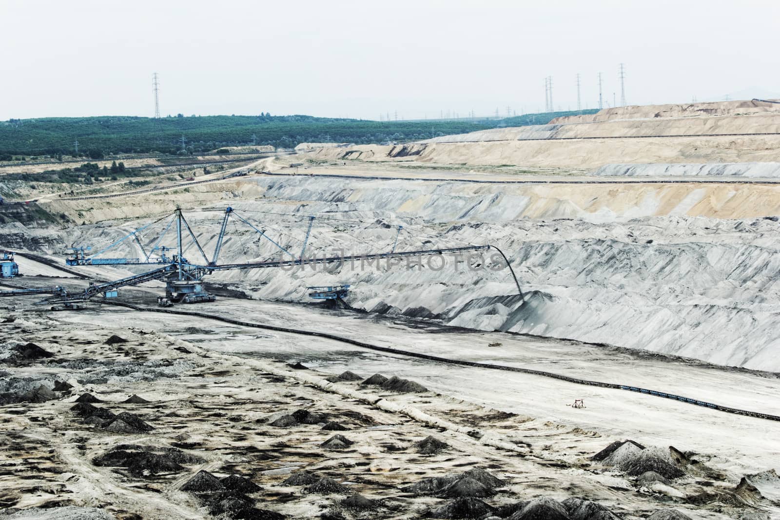 Coal mining in an open pit with huge industrial machine