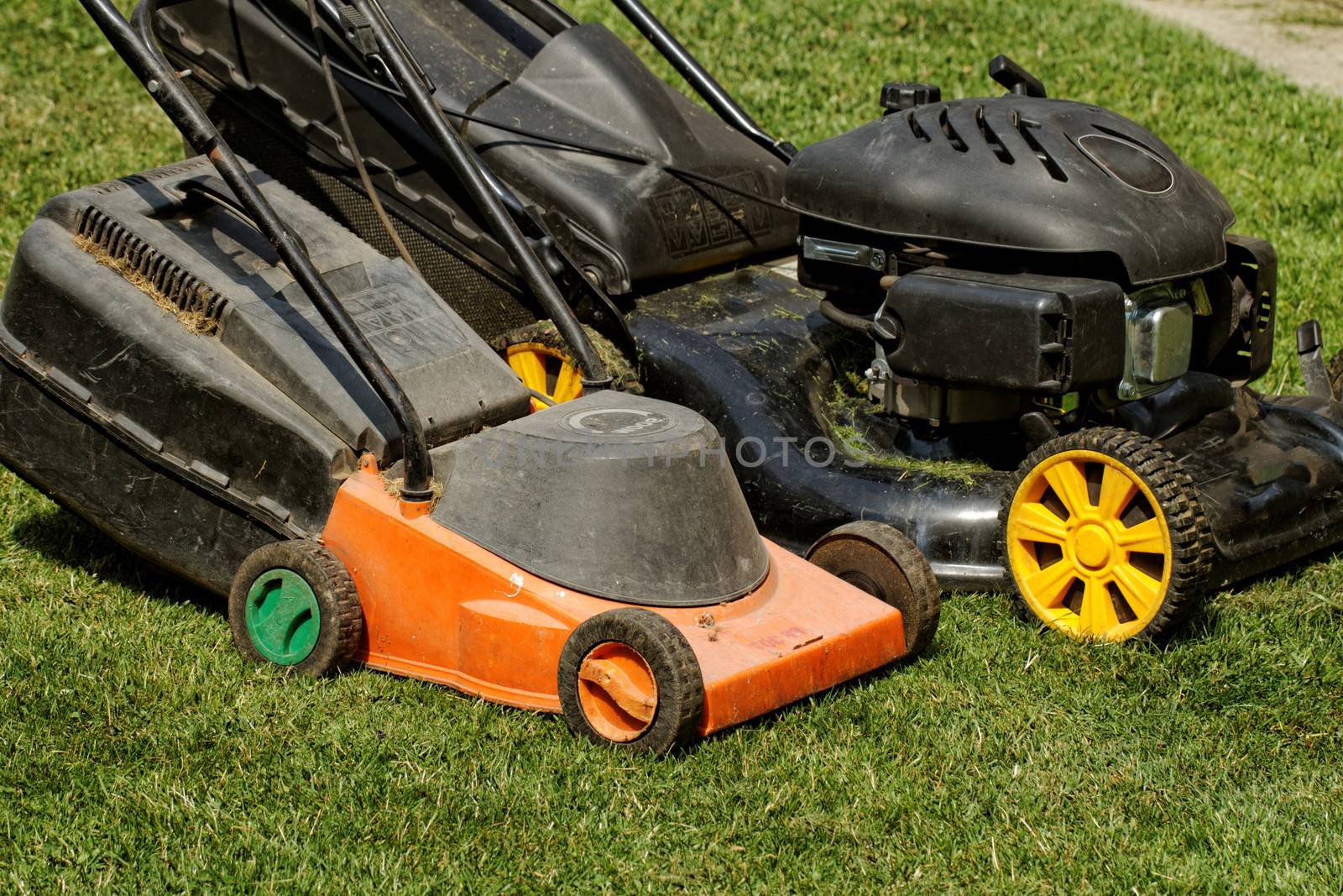 two lawnmower in the garden lawn the grass (fuel and electricity)