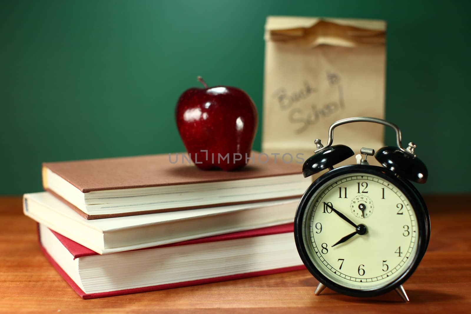 Back to School Books, Lunch, Apple and Clock on Desk
