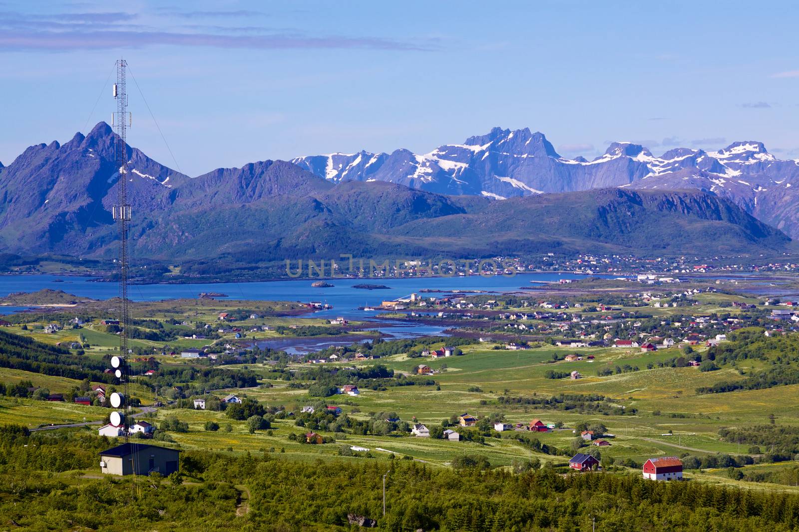 Scenic panorama of green Lofoten islands in Norway during summer