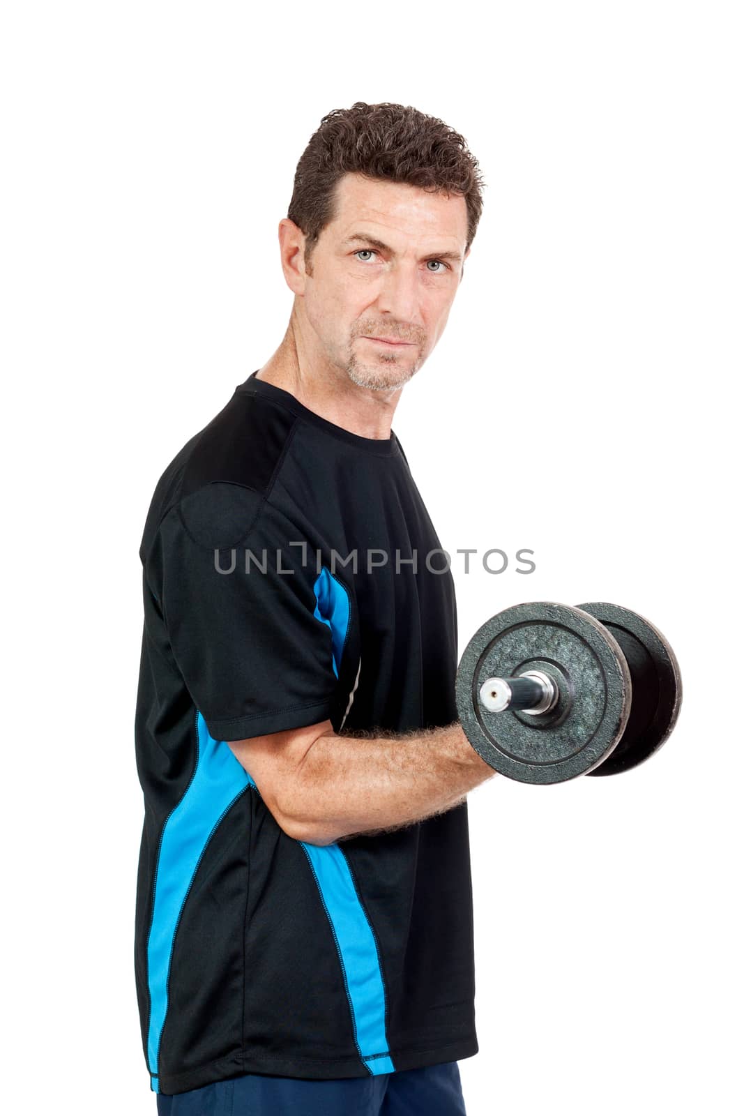 adult attractive man with iron dumbbell sport fitness isolated on white
