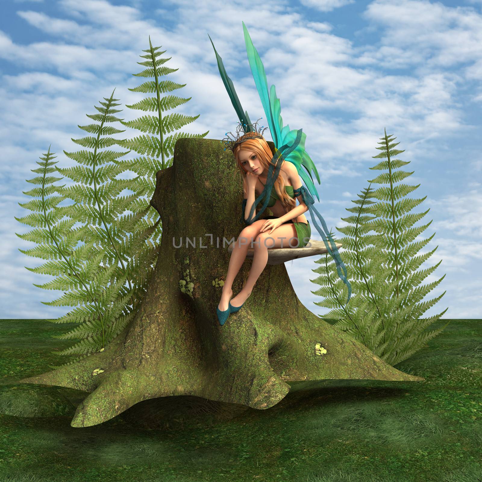 3D digital render of a beautiful blond fairy sitting on the shelf fungus in the green fantasy woodland, blue sky background