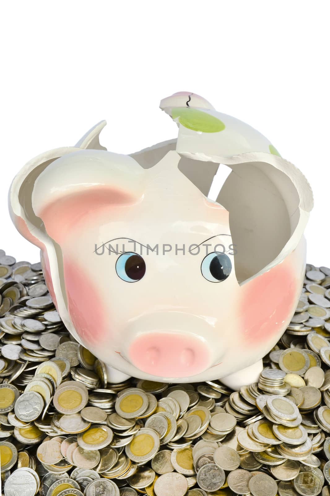 Pink piggy bank broken with money isolated on white background