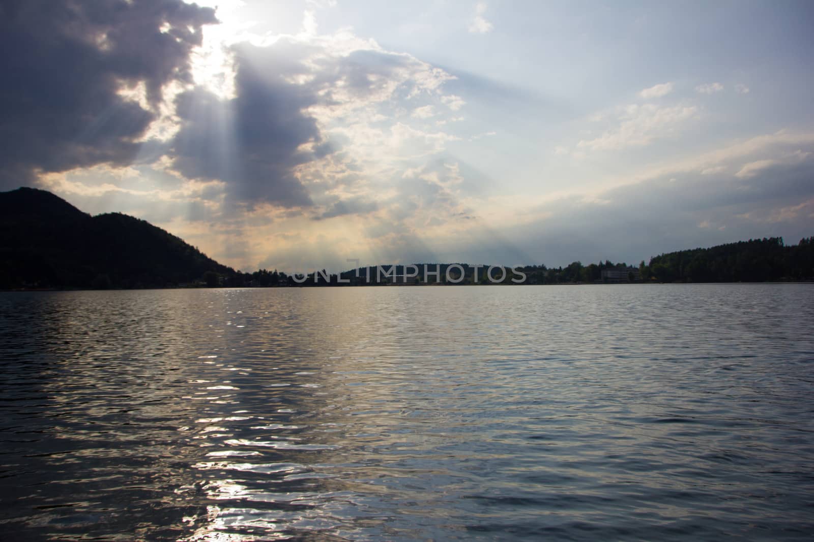 Beautiful view on the lake with dramatic skyline