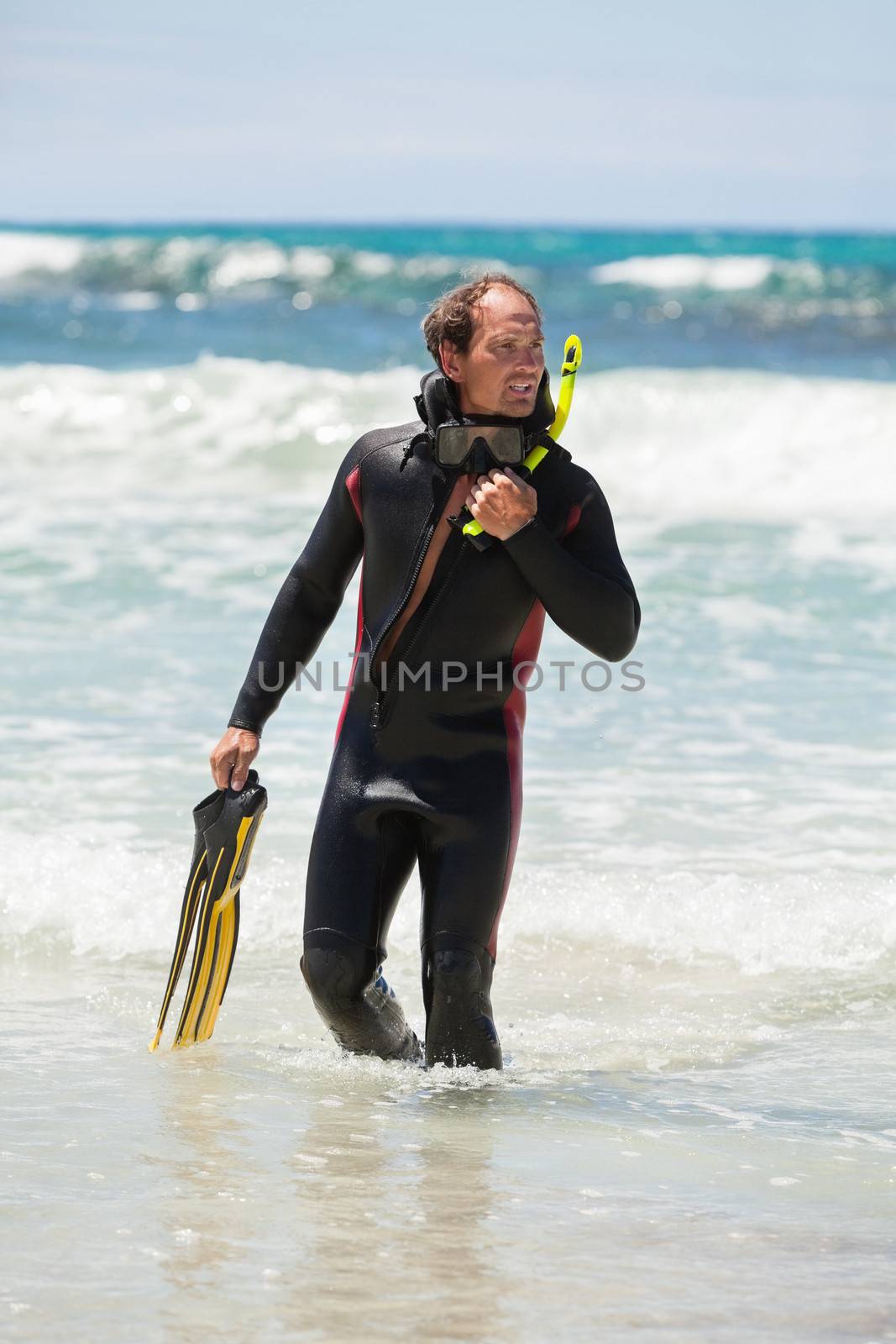male diver with diving suit snorkel mask fins on the beach in Summer