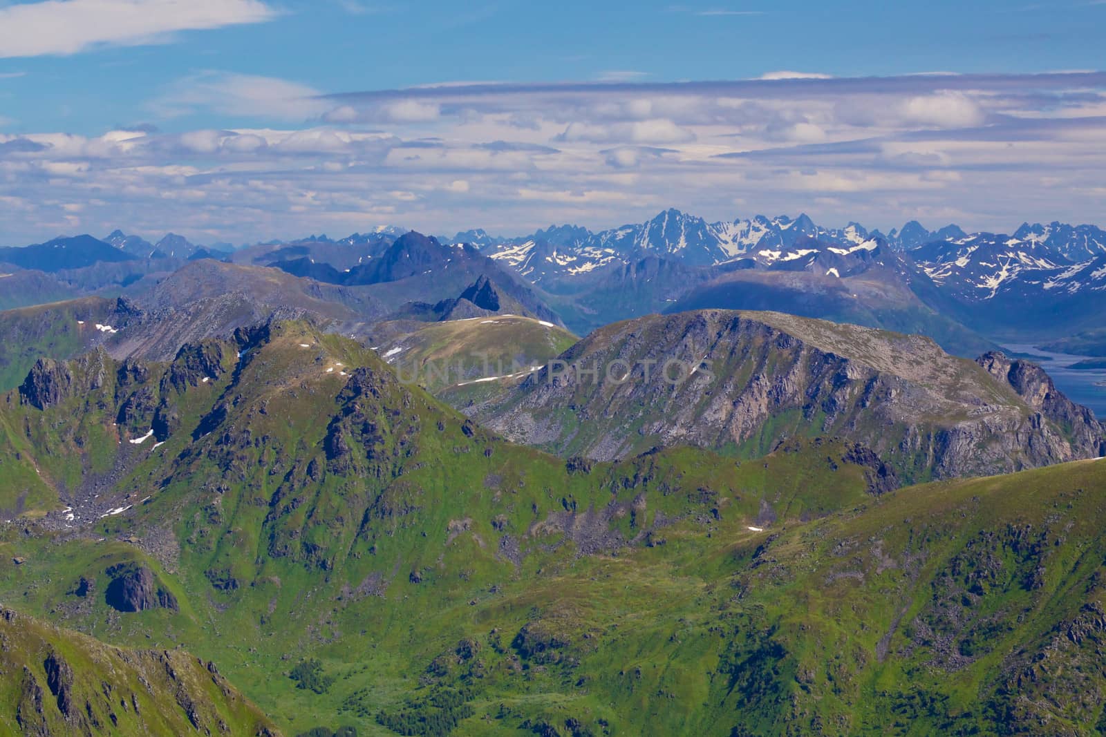 Aerial view of scenic mountain peaks on Lofoten islands in Norway in summer